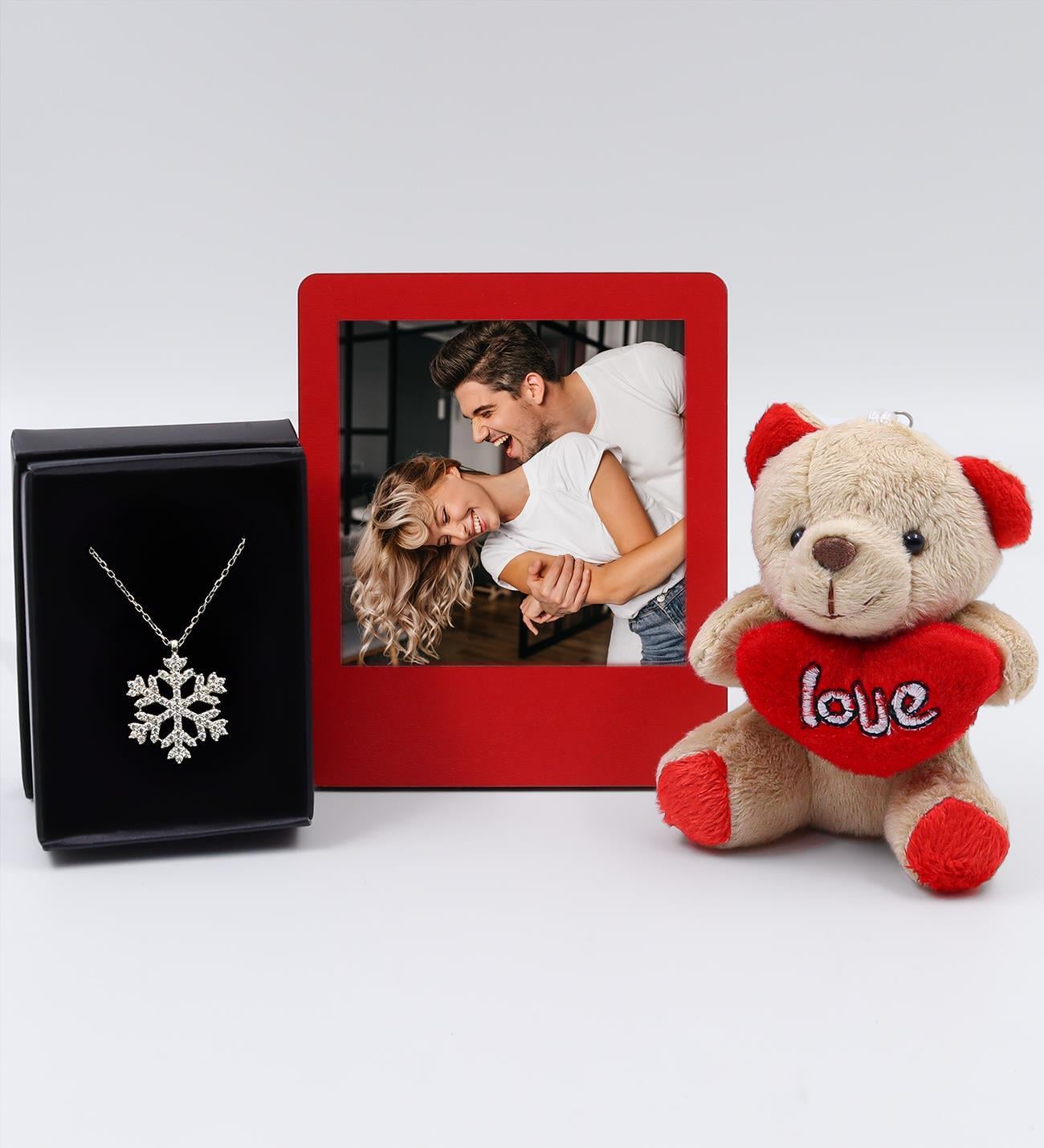 Kar Tanesi Kolye & Mini Love Ayıcık & İnstagram Çerçeve Hediye Seti
