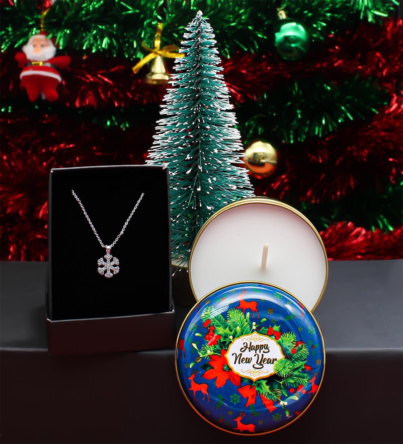 Kar Tanesi Kolye &Metal Kutulu Mum & Mini Çam Ağacı Hediye Seti