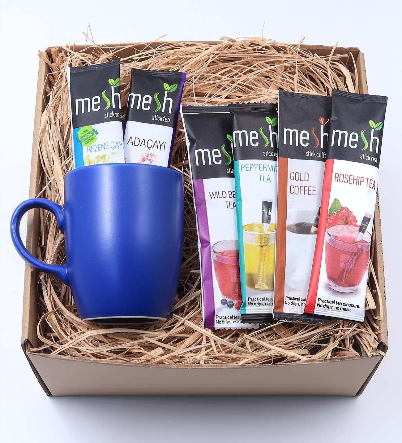 Karışık 12'li Mesh Stick Bitki Çayı Seti & Mavi Kupa Hediye Seti