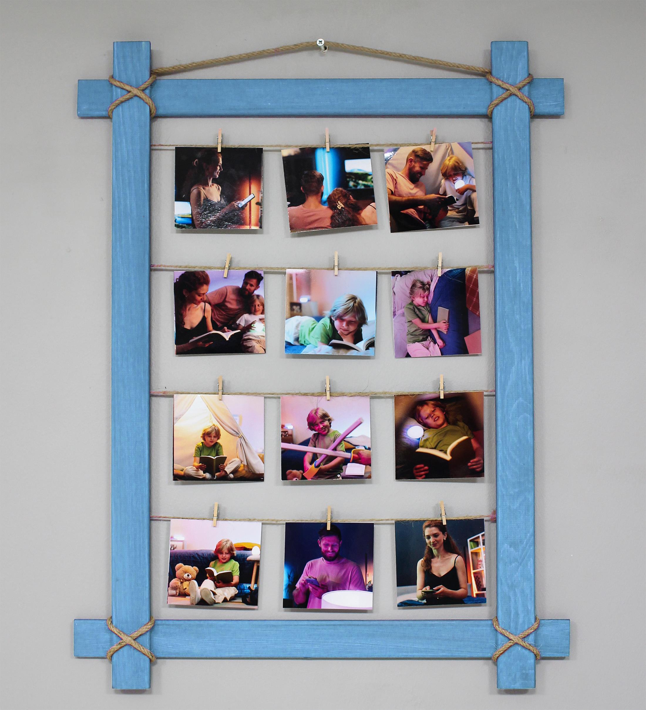 Kişiye Özel 12 Fotoğraflı Mandallı Mavi Renk Ahşap Fotoğraf Çerçevesi Büyük Boy 48x68cm