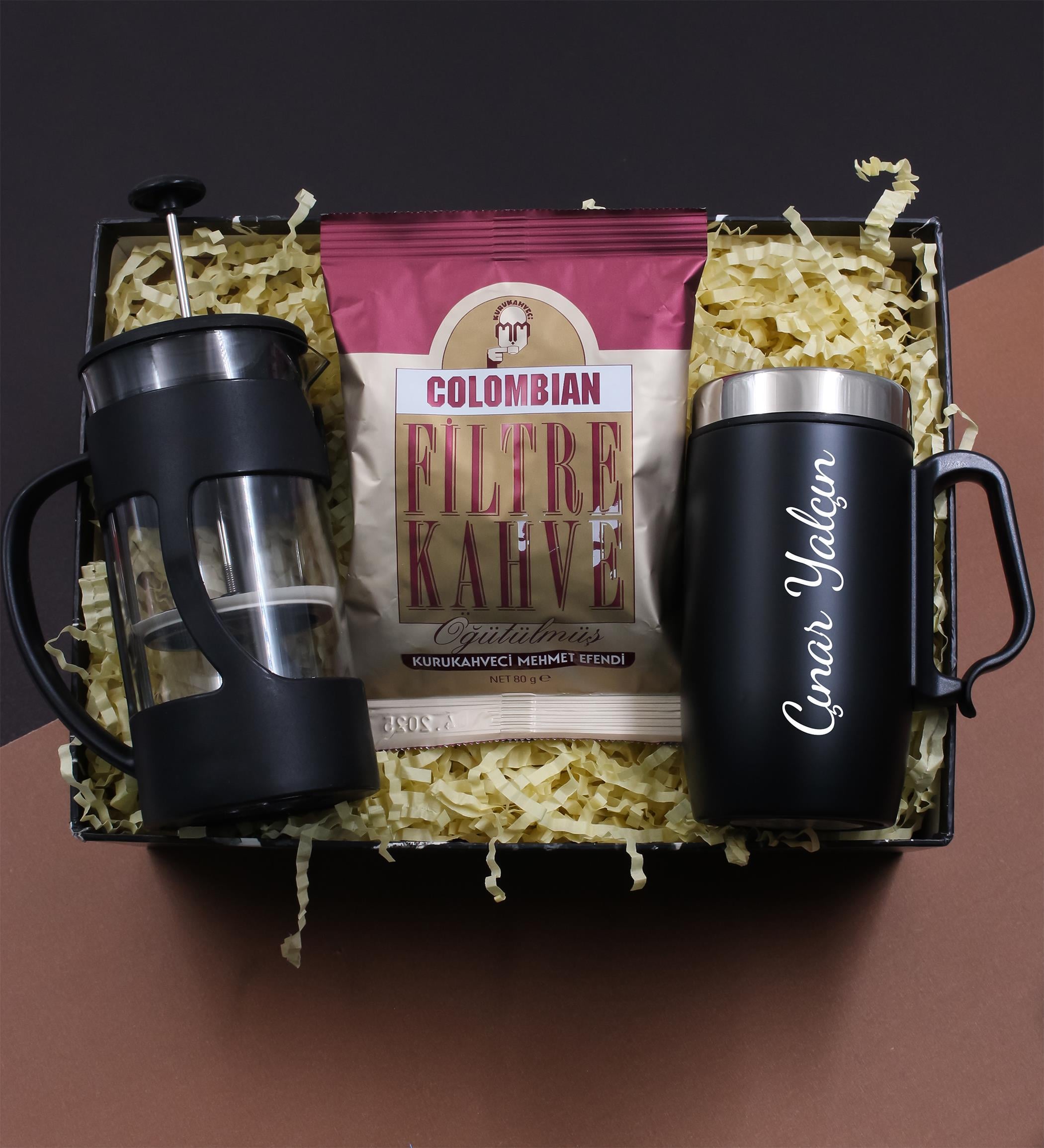 Kişiye Özel 280ml. Bardak Termos & French Press & Taze Filtre Kahve Hediye Seti