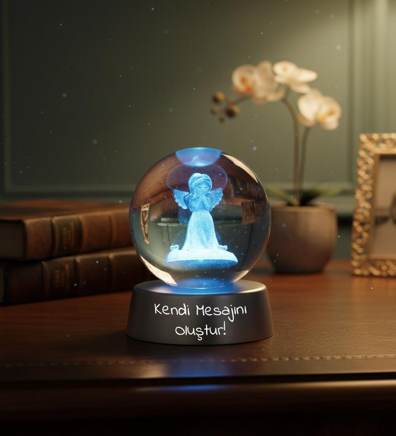 Kişiye Özel 3D Işıklı Kristal Melek Küre Gece Lambası  Sevgiliye Hediye
