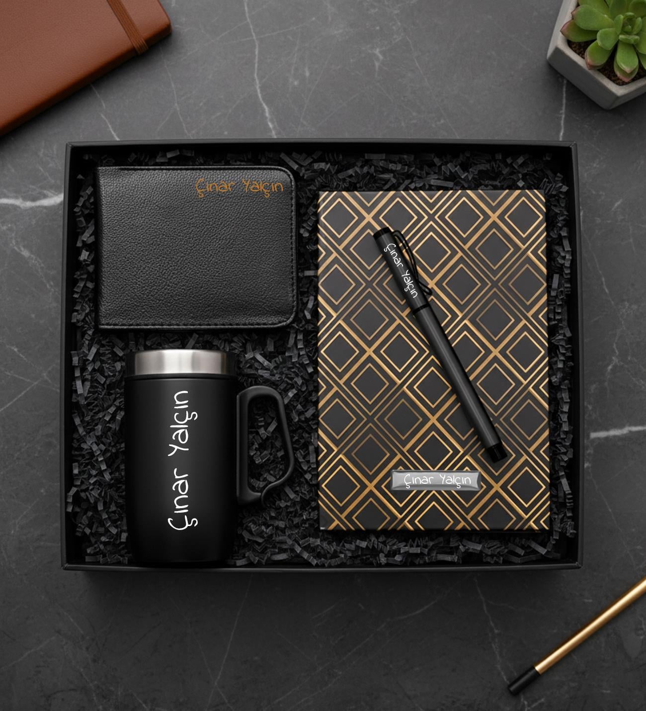 Kişiye Özel Bardak Termos & Erkek Cüzdan & Gold Renk Kareli Defter & Roller Kalem Hediye Seti