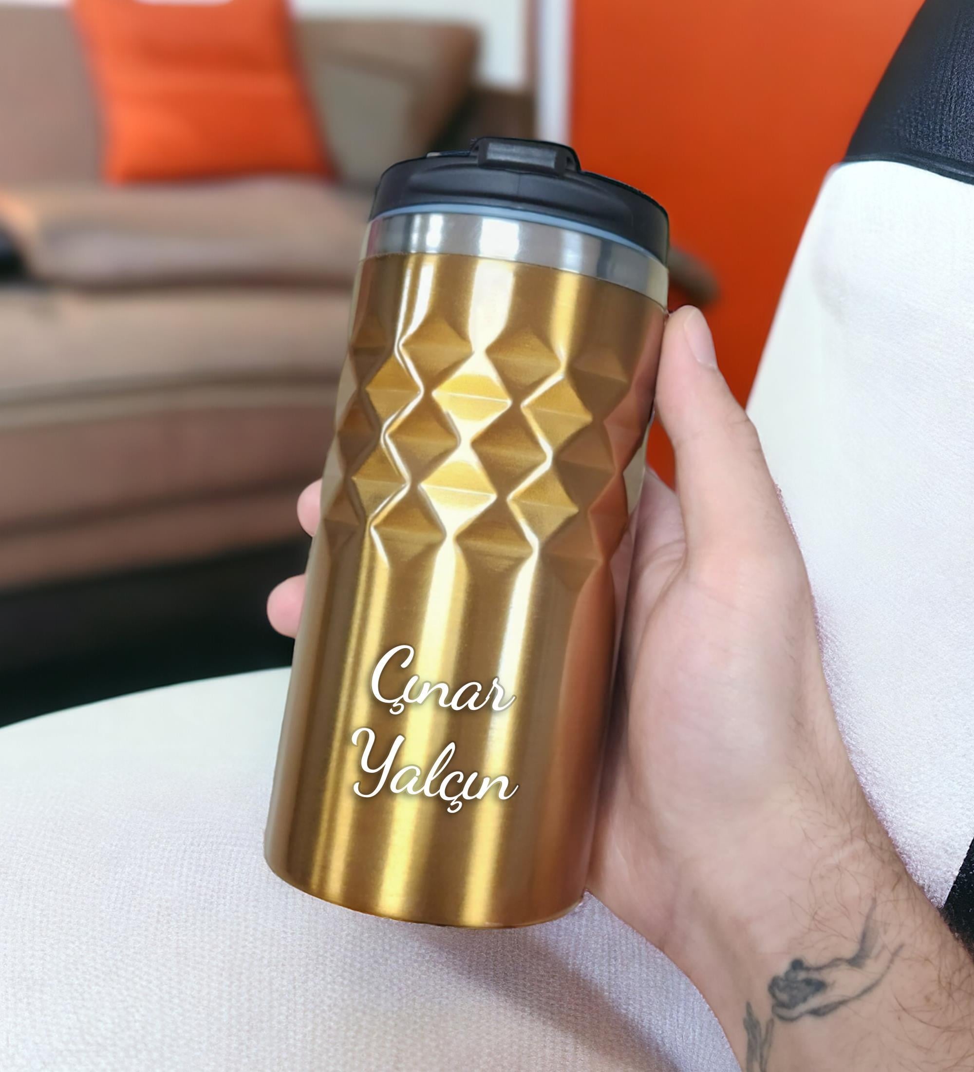 Kişiye Özel Baskılı Geometrik Desenli Gold Altın Renk Termos Bardak 300mL