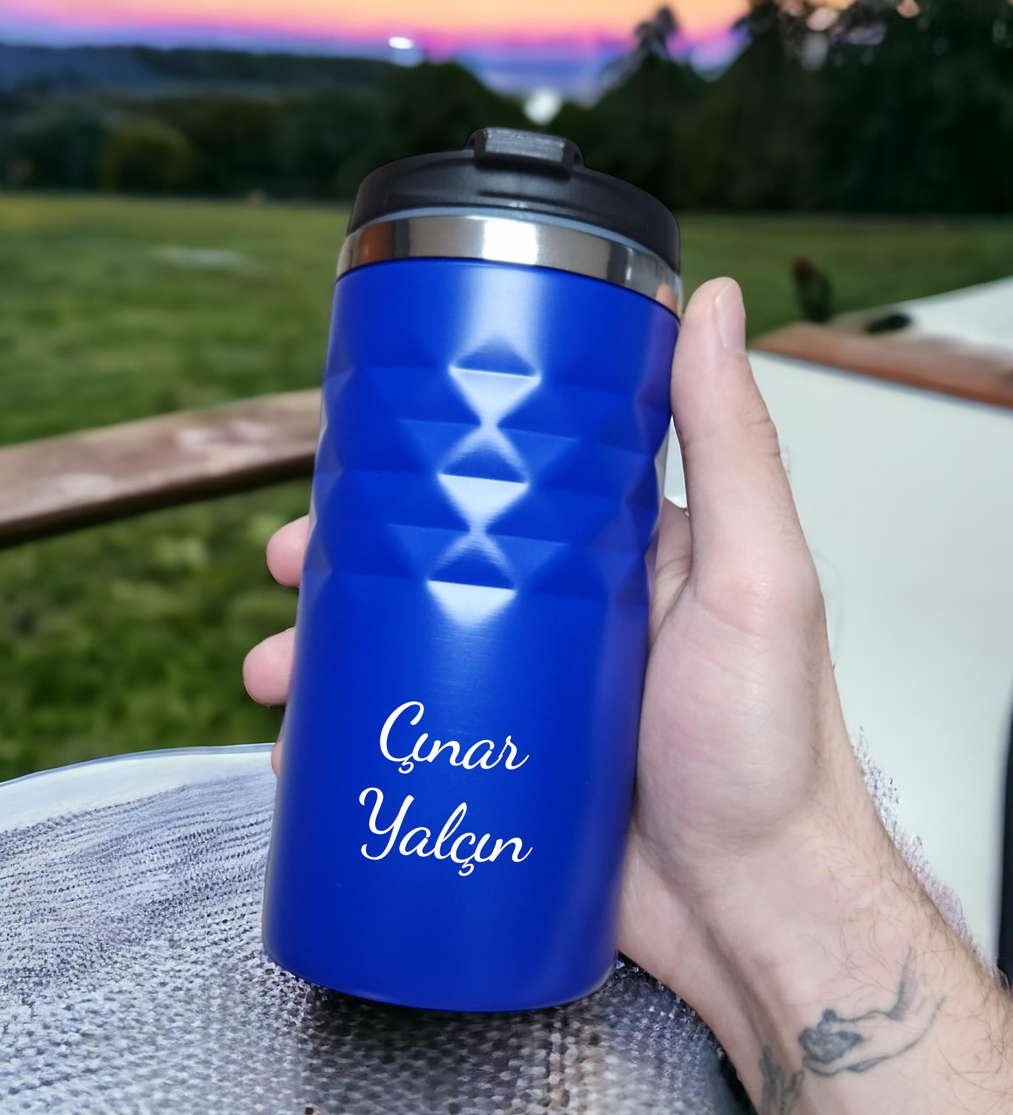 Kişiye Özel Baskılı Geometrik Desenli Mavi Renk Termos Bardak 300mL