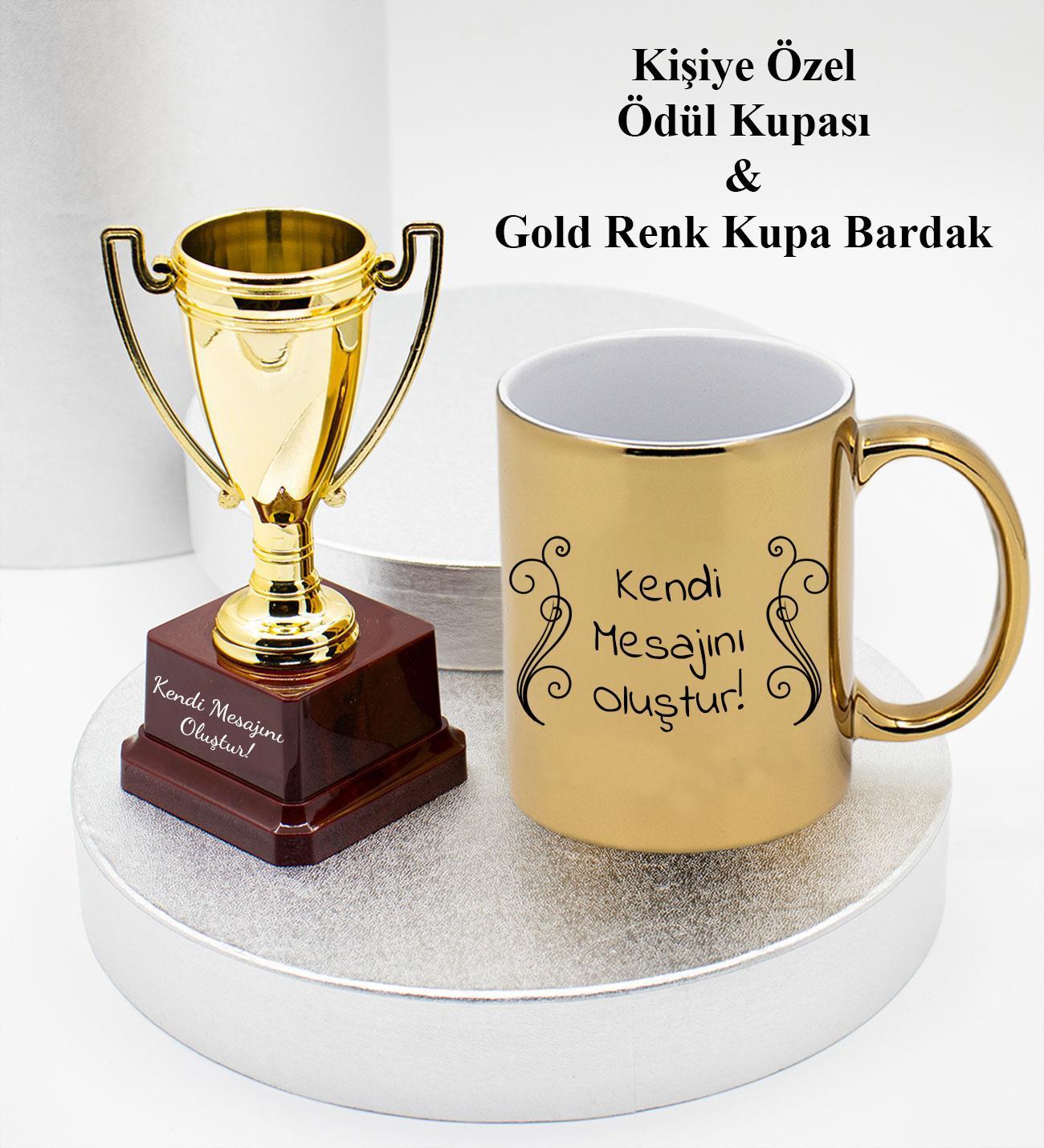 Kişiye Özel Baskılı Ödül Kupası & Gold Renk Parlak Kupa Bardak Hediye Seti