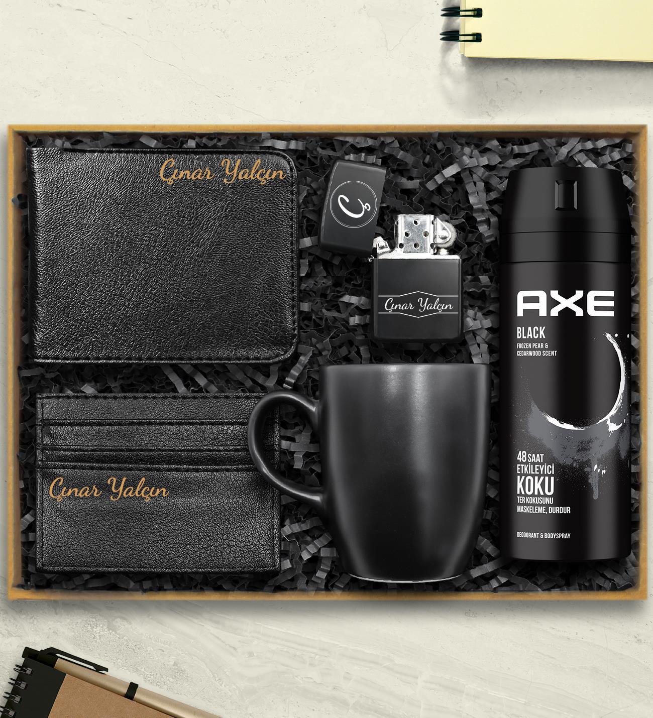 Kişiye Özel Benzinli Çakmak & Axe Deodorant & Erkek Cüzdan & Kartlık & Siyah Kupa Hediye Seti