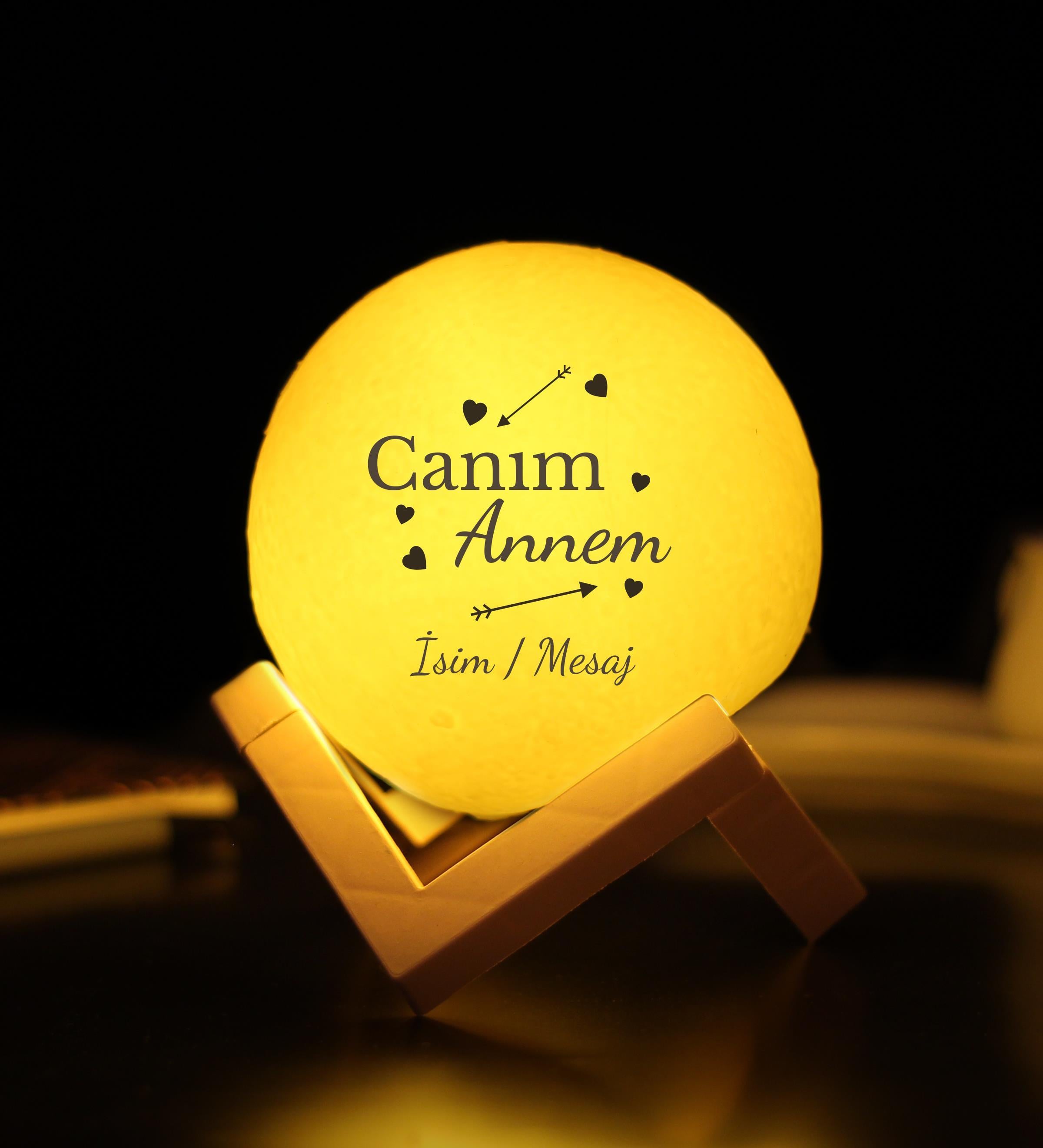 Kişiye Özel Canım Annem Baskılı 3D Ay Gece Lambası Dekoratif Stand Hediyeli