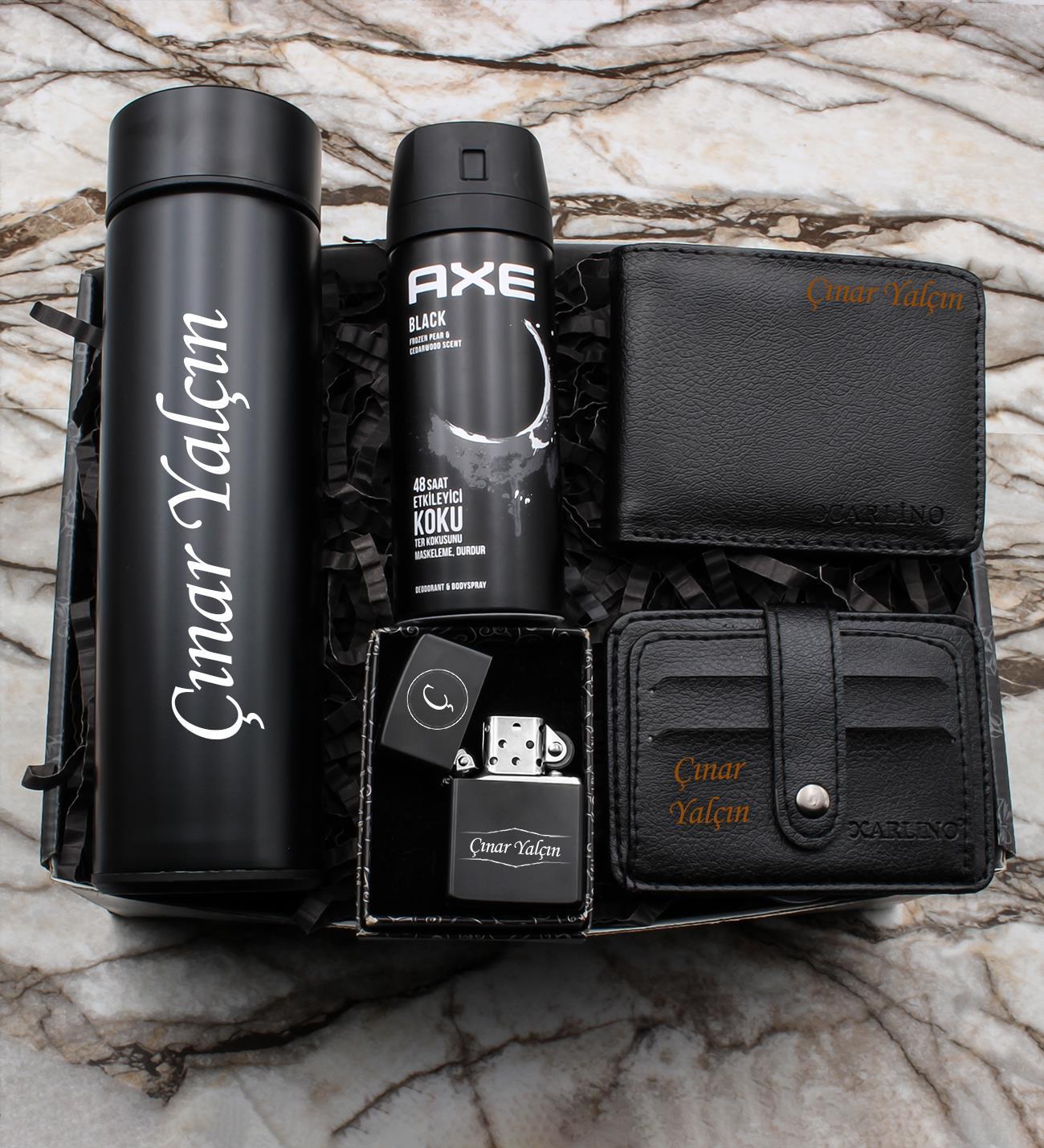 Kişiye Özel Dereceli Termos & Axe Deodorant & Cüzdan & Benzinli Çakmak & Kartlık Hediye Seti