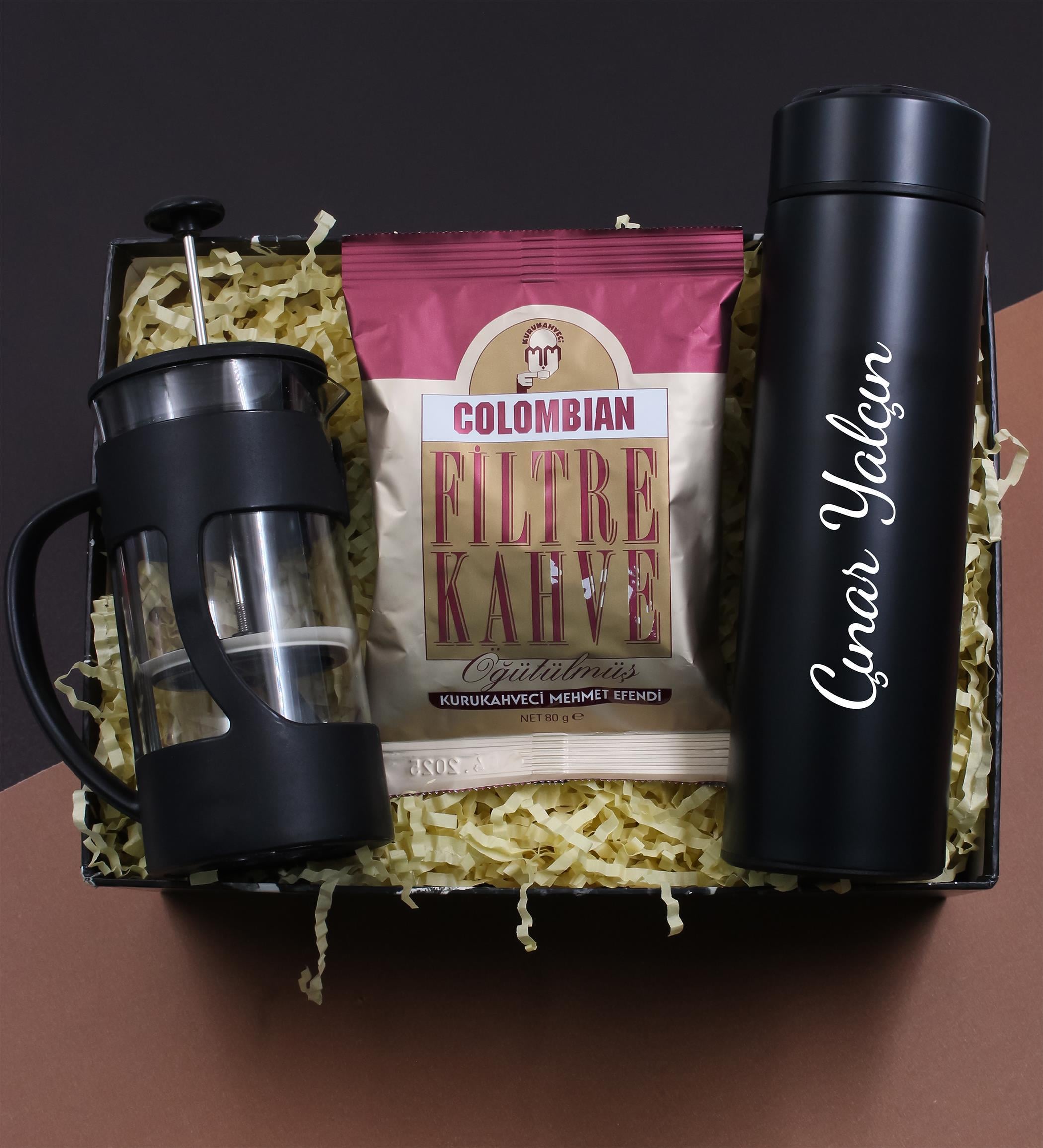 Kişiye Özel Dereceli Termos & French Press & Taze Filtre Kahve Hediye Seti