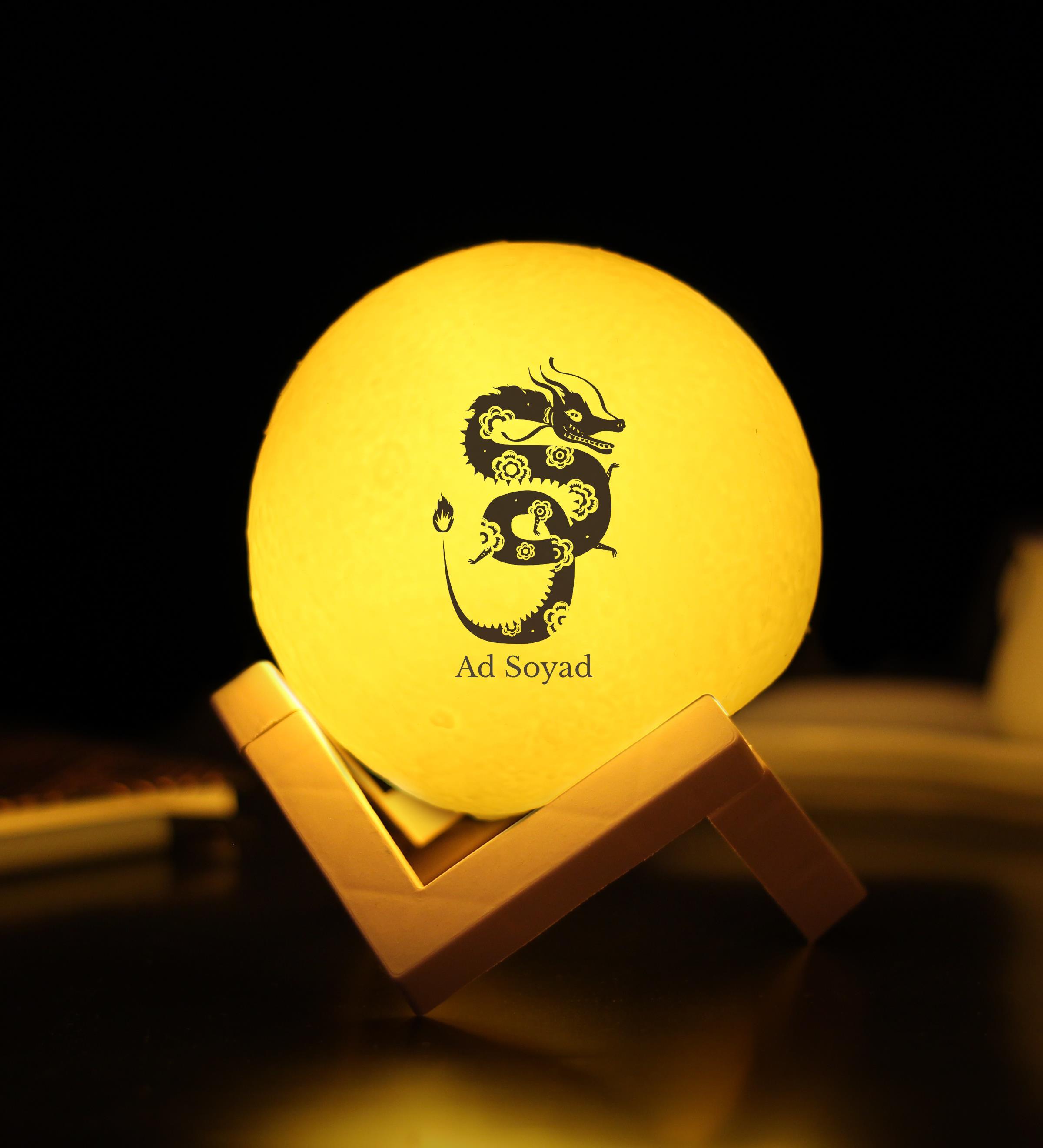 Kişiye Özel Ejderha Motif Baskılı 3D Ay Gece Lambası Dekoratif Stand Hediyeli