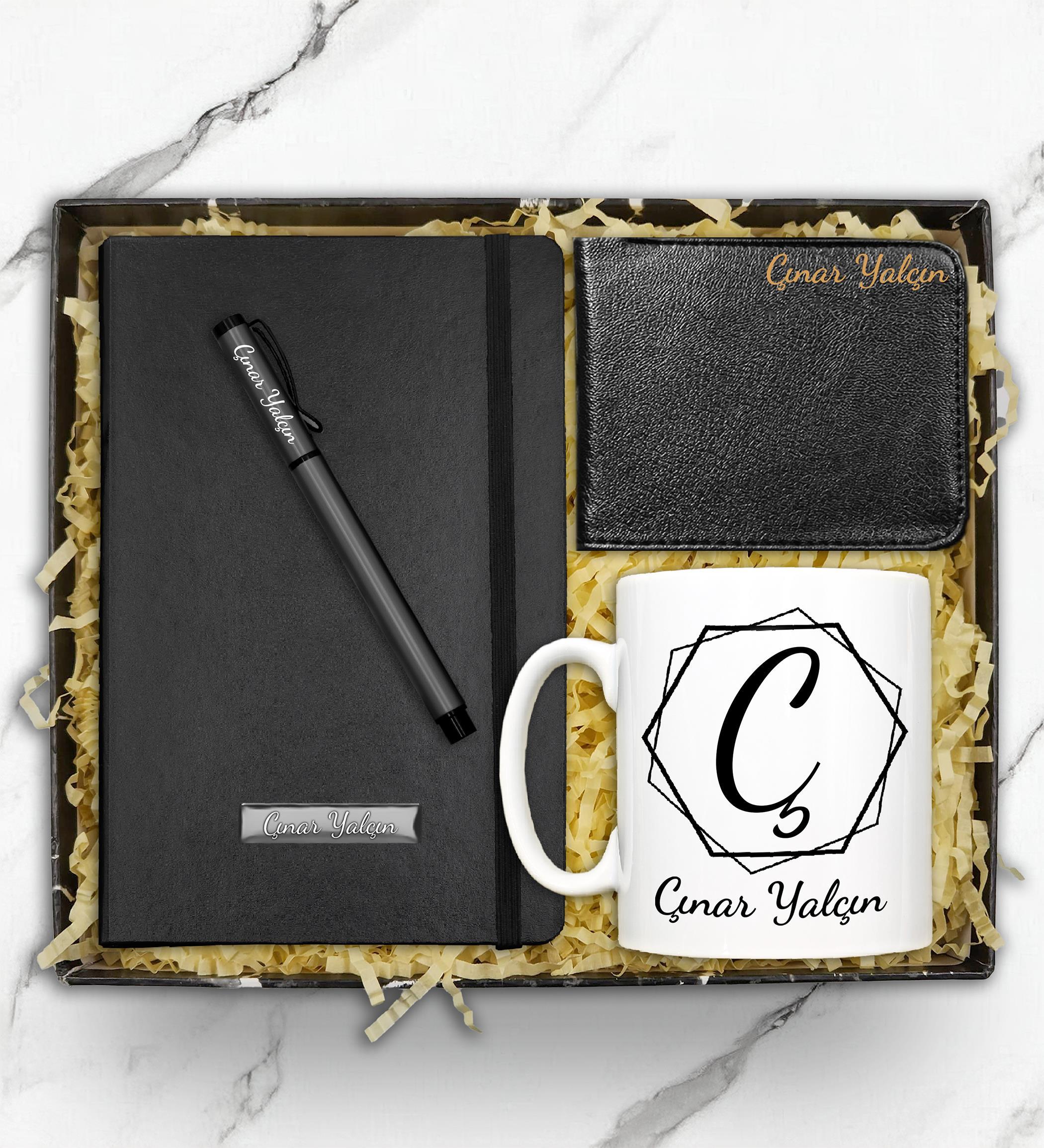 Kişiye Özel Erkek Cüzdan & Kupa & Siyah Defter & Roller Kalem Erkeğe Hediye Seti