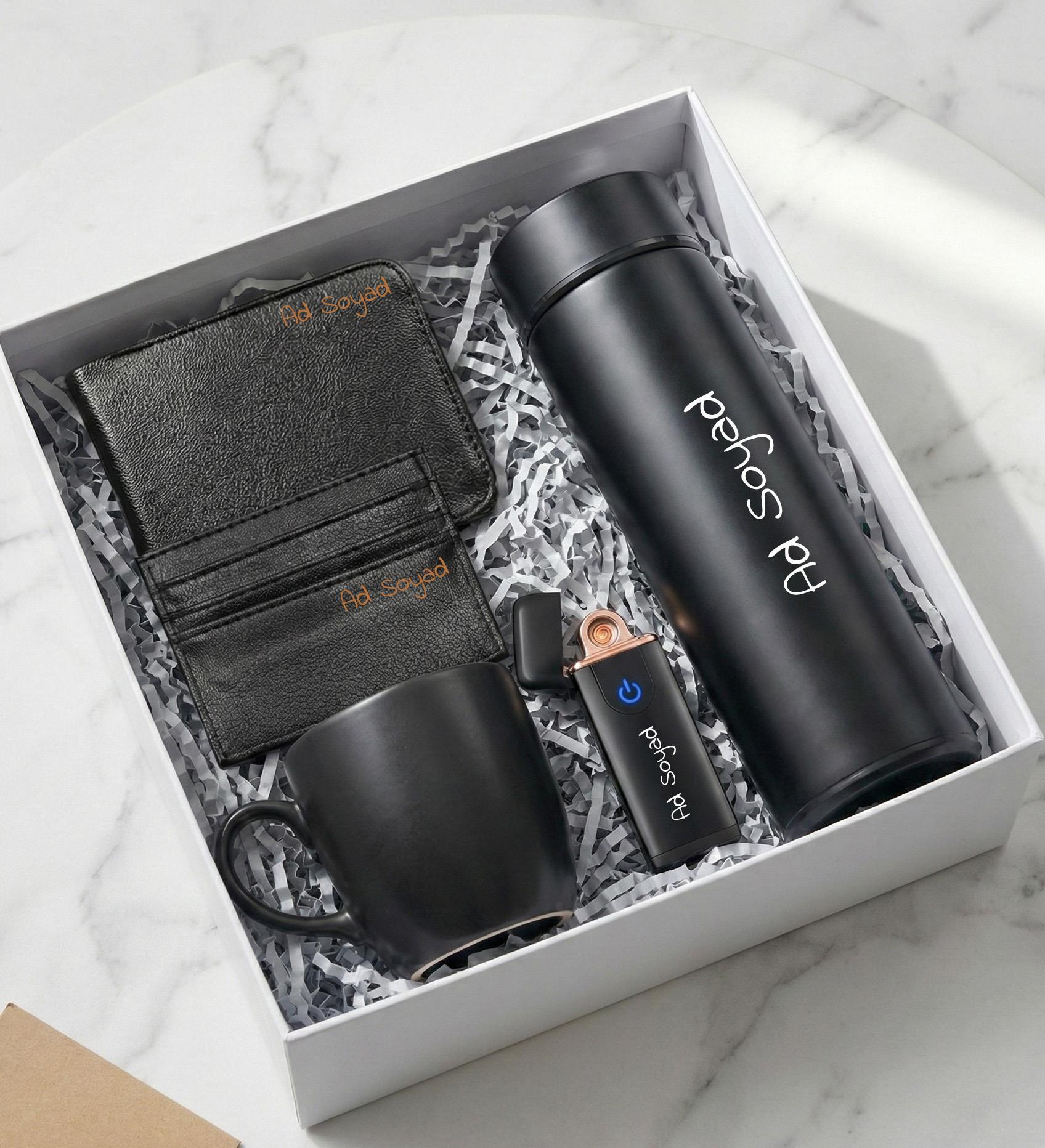 Kişiye Özel Erkek Hediye Seti (Dereceli Termos & USB Çakmak & Cüzdan & Kartlık & Siyah Kupa)