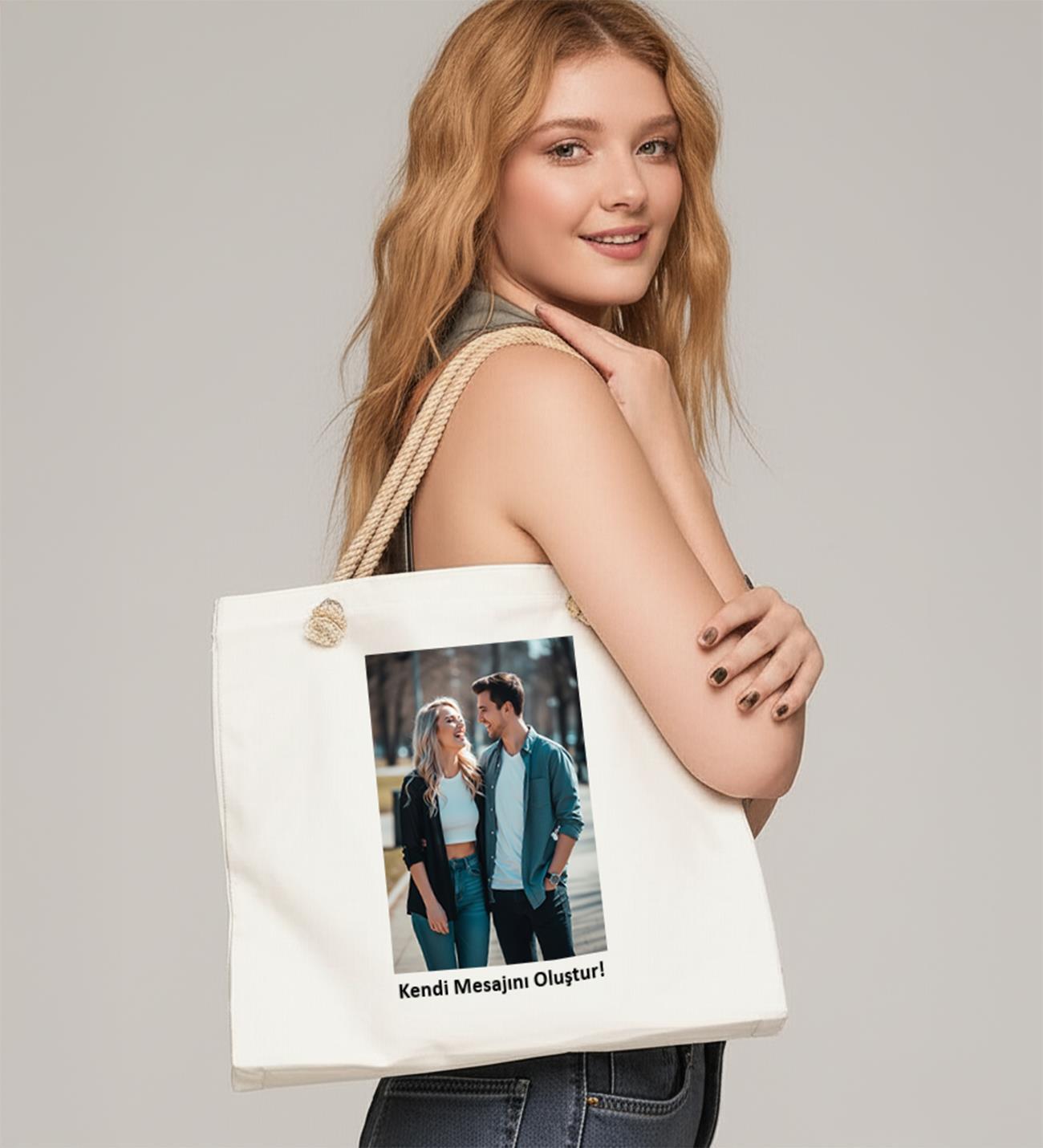 Kişiye Özel Fotoğraf ve İsim Baskılı Halat Askılı Şık Bez Çanta - 37x40cm