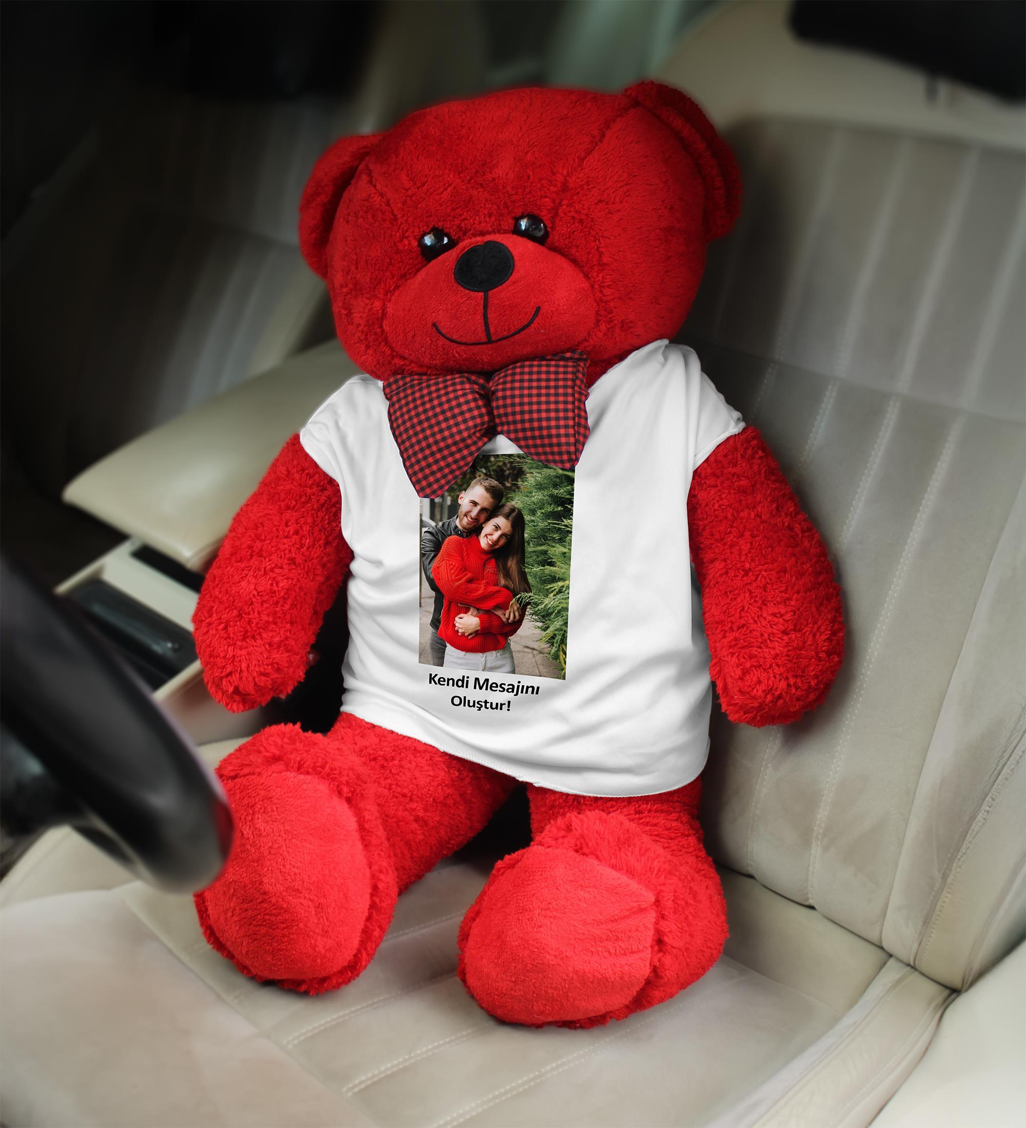 Kişiye Özel Fotoğraf ve Metin Baskılı Tişörtlü Kırmızı Renk 80cm Büyük Peluş Ayıcık