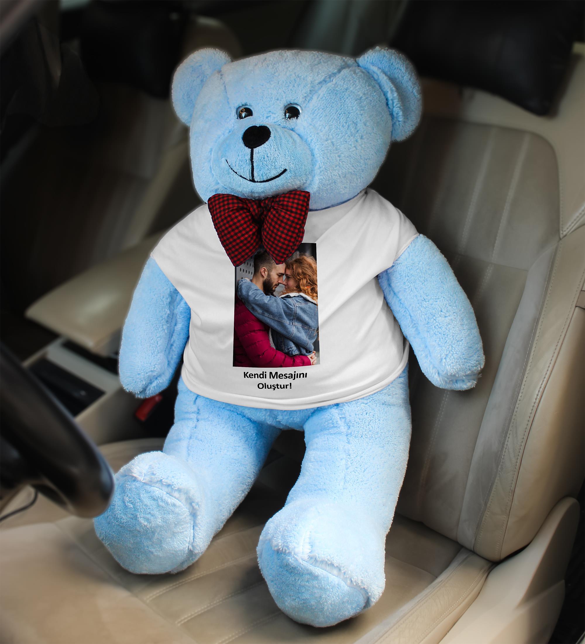 Kişiye Özel Fotoğraf ve Metin Baskılı Tişörtlü Mavi Renk 80cm Büyük Peluş Ayıcık