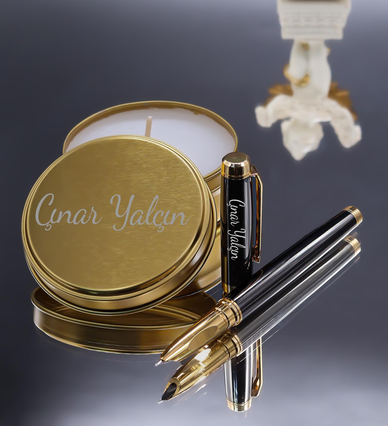 Kişiye Özel Füme Dolma Kalem & Gold Metal Kutulu Mum Hediye Seti