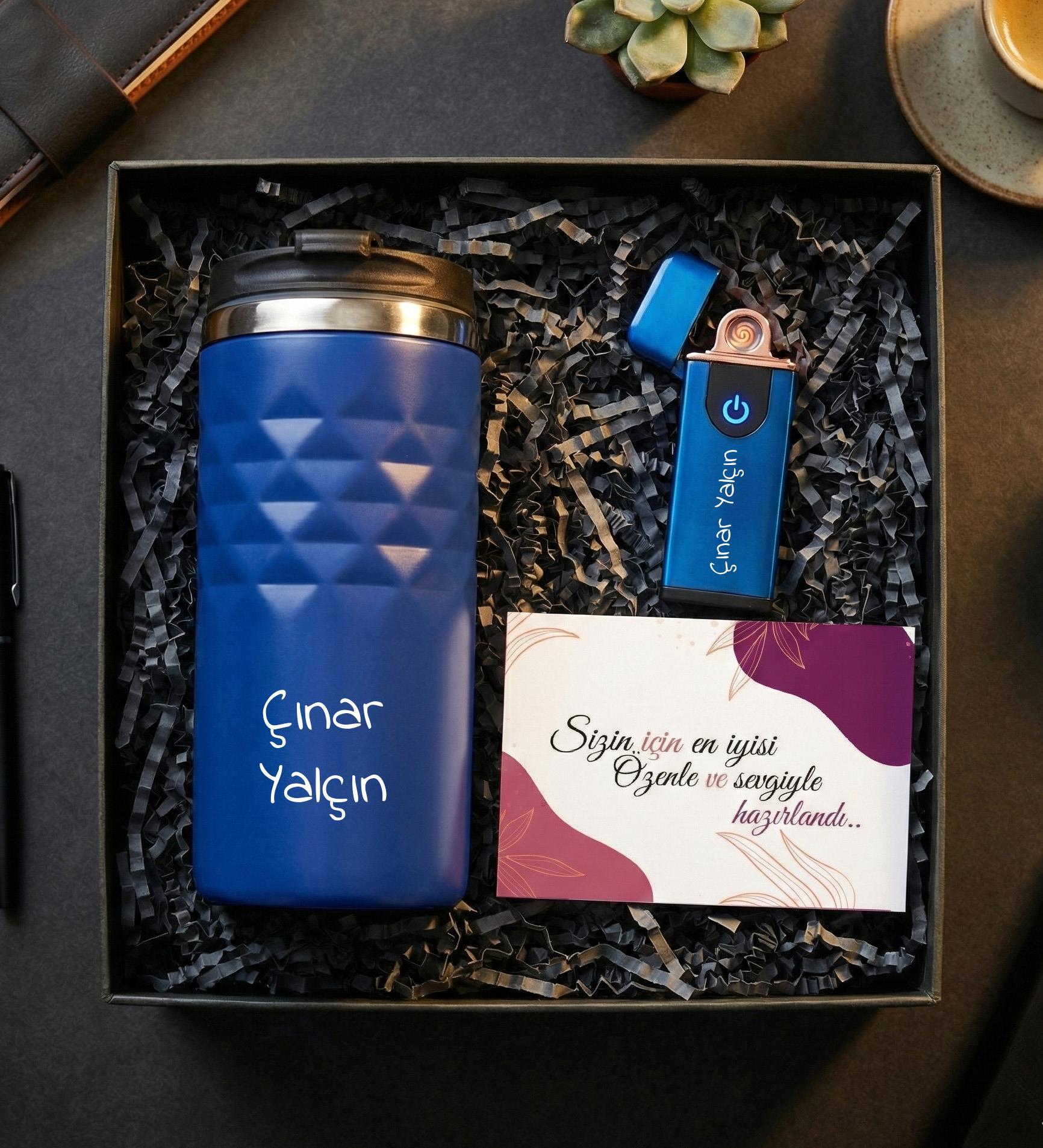 Kişiye Özel Geometrik Termos Bardak 300mL. & USB Alevsiz Elektrikli Çakmak & Not Hediye Seti - Mavi