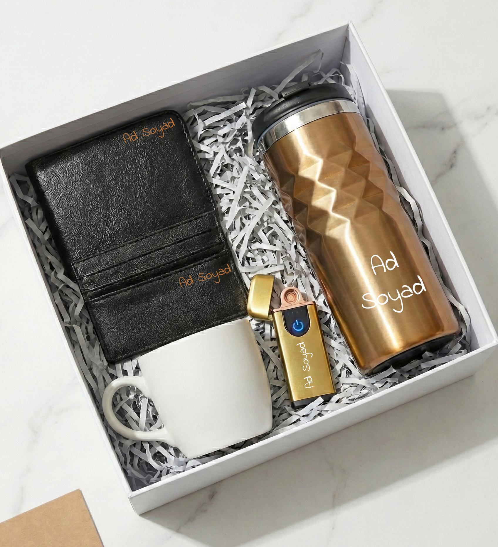 Kişiye Özel Gold Geometrik Termos & USB Çakmak & Kupa & Cüzdan & Kartlık Erkeğe Hediye Seti