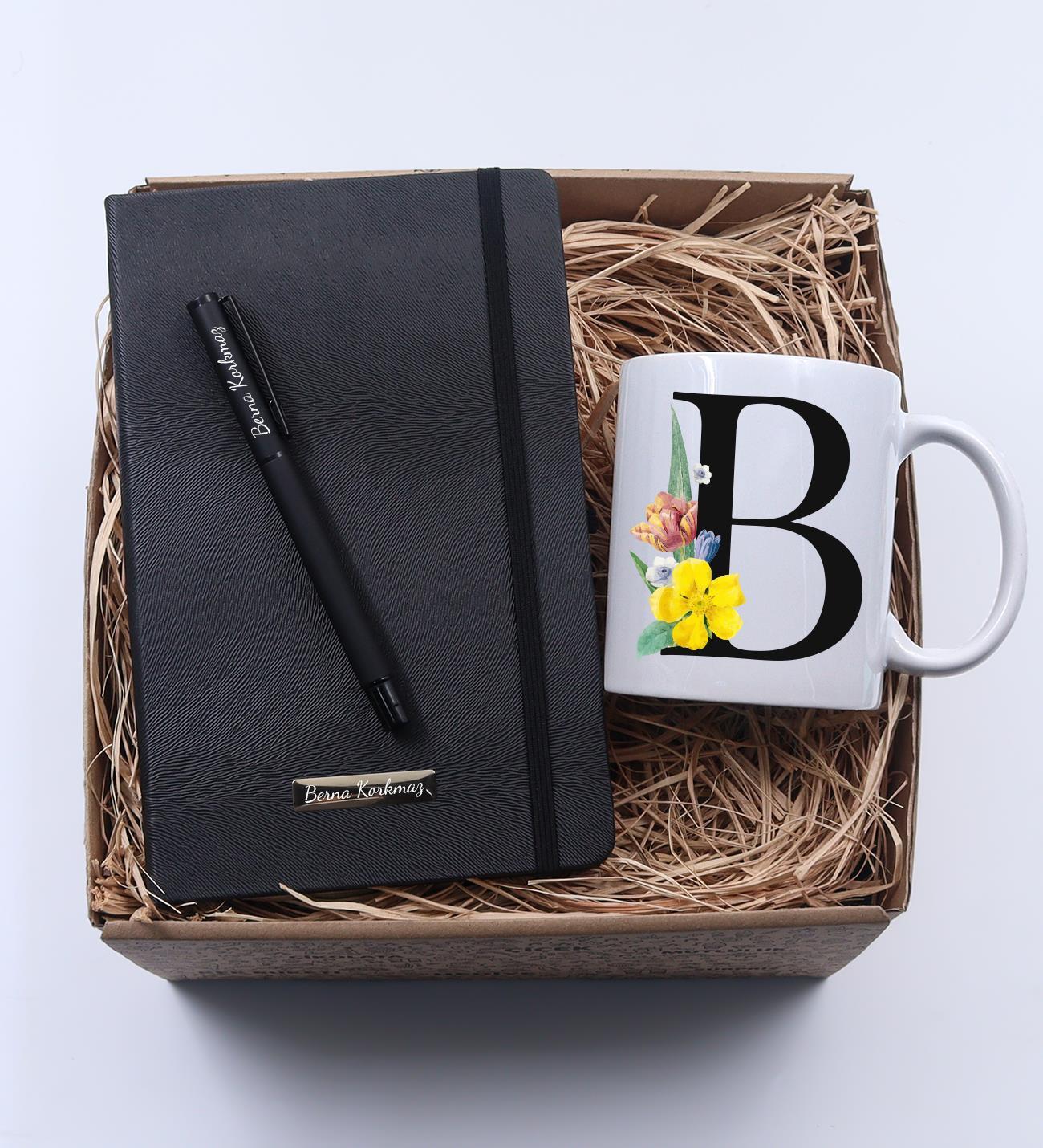 Kişiye Özel Harf Kupa & Siyah Defter & Siyah Roller Kalem Hediye Seti