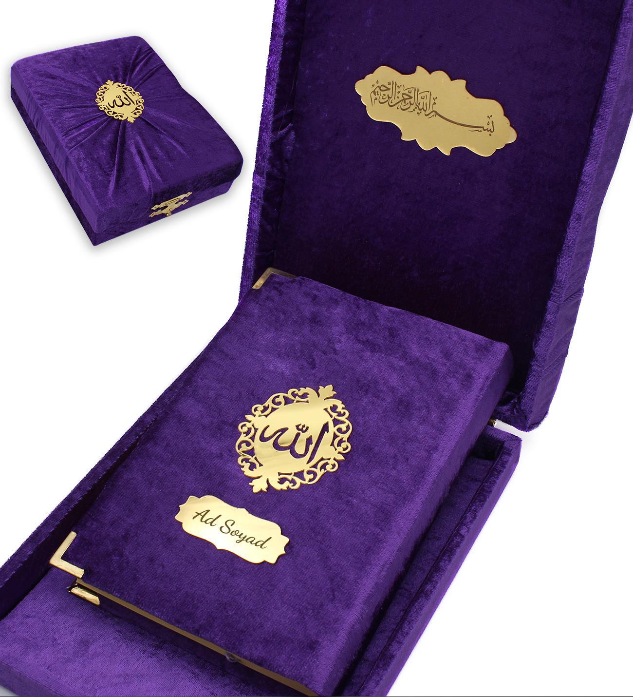 Kişiye Özel Hediyelik Kadife Kutulu Kur'an-ı Kerim Mor Orta Boy