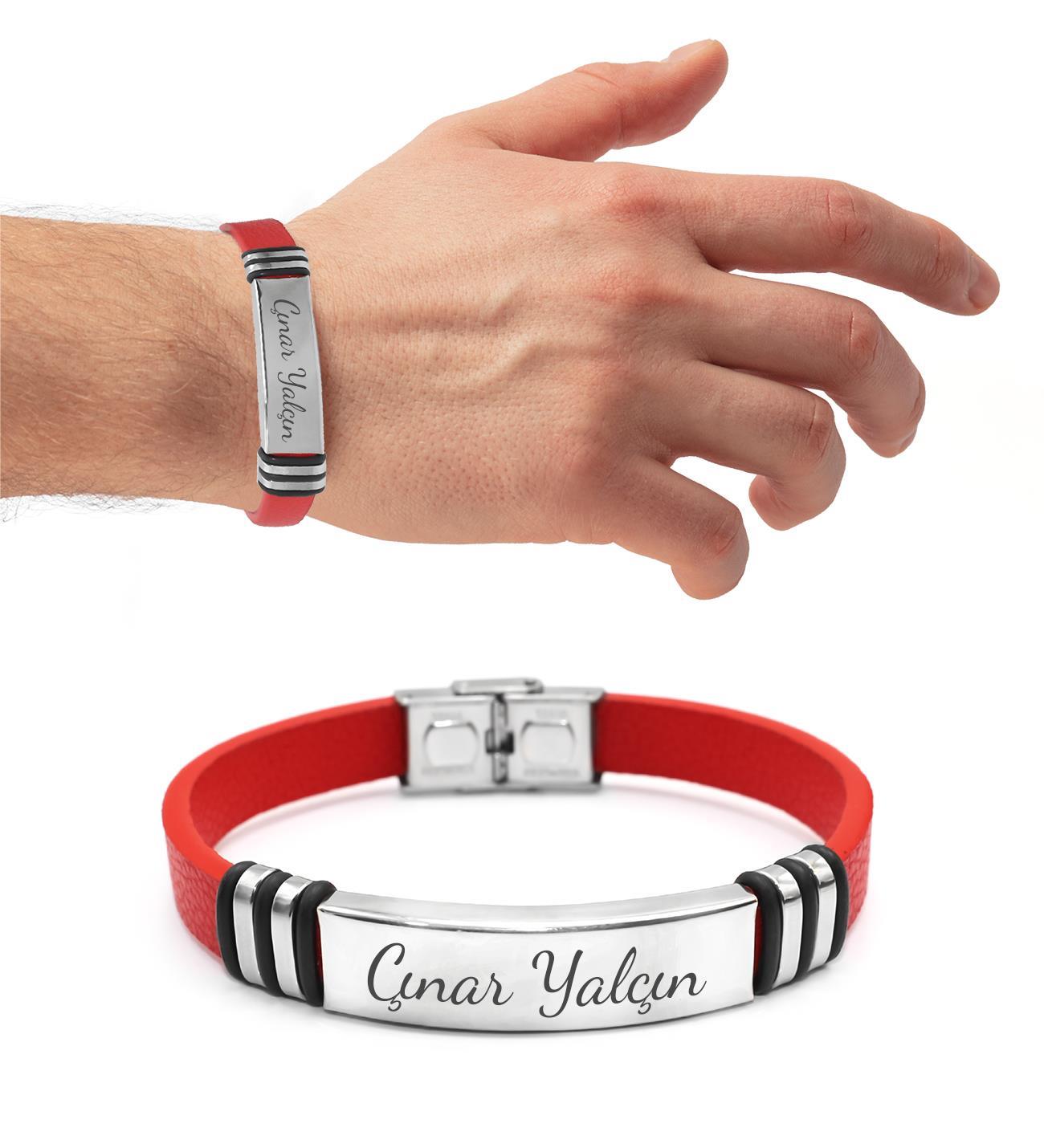 Kişiye Özel İsimli Unisex Deri Kırmızı Kordon Gümüş Renk Bileklik