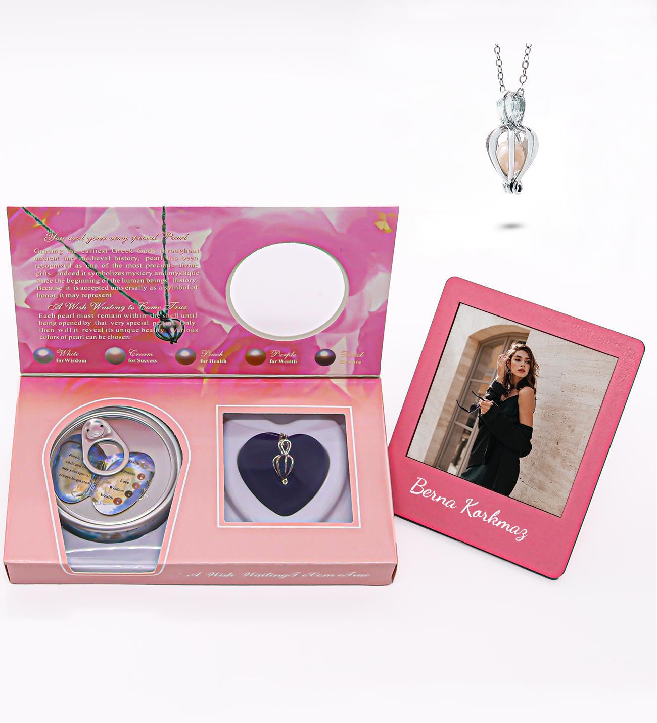 Kişiye Özel İstiridye İçinde Gerçek İnci Kolye &  İnstagram Çerçeve Hediye Seti