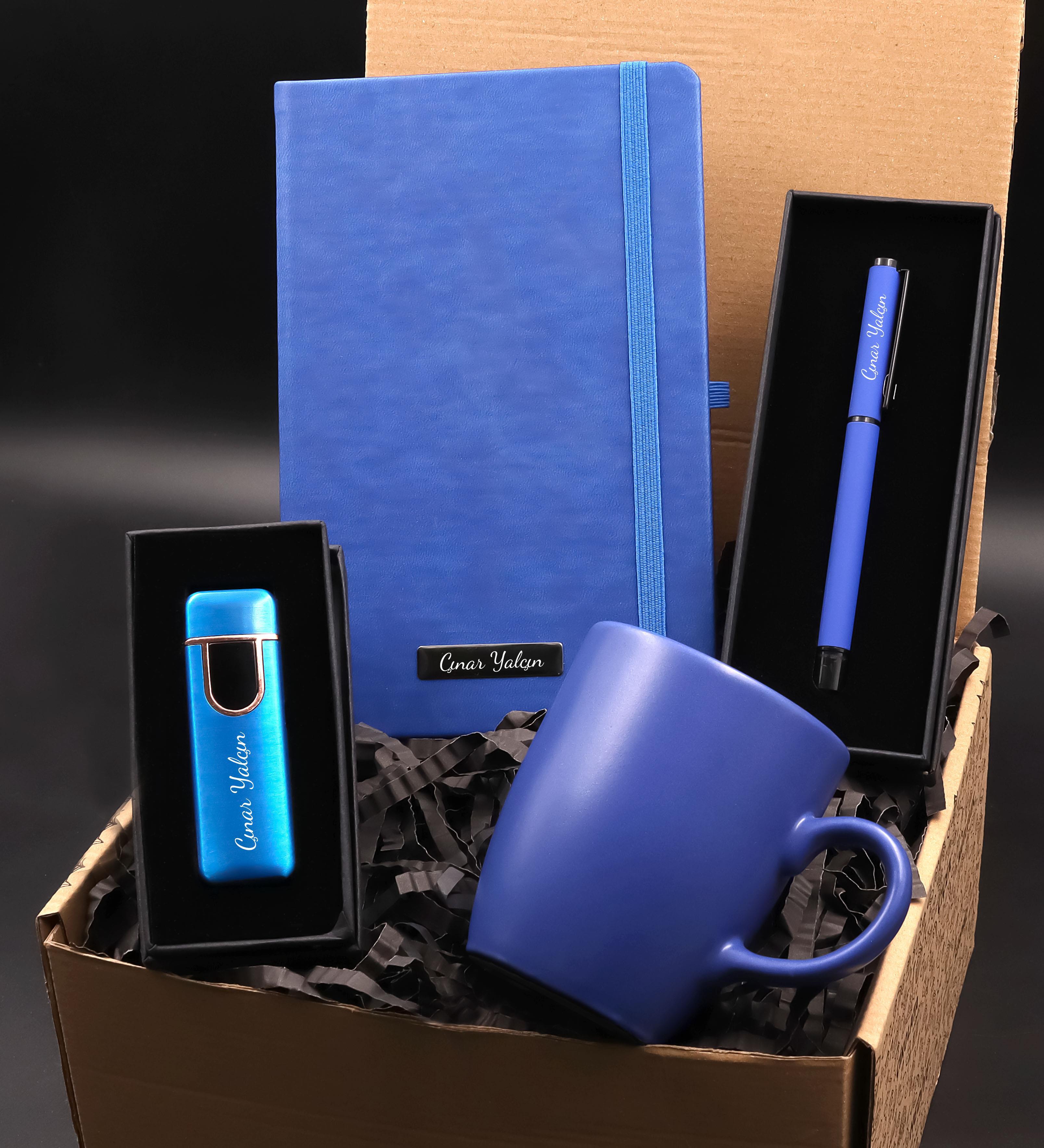 Kişiye Özel Kapaklı Mavi Usb Çakmak & Mavi Defter & Mavi Kupa Hediye Seti
