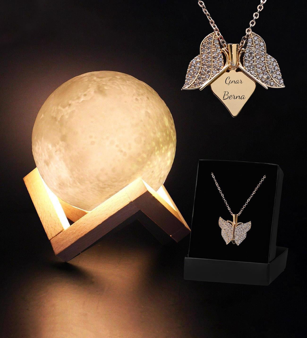 Kişiye Özel Kelebek Kanat Kolye & Dekoratif Ayaklı 12cm 3D Ay Gece Lambası Hediye Seti