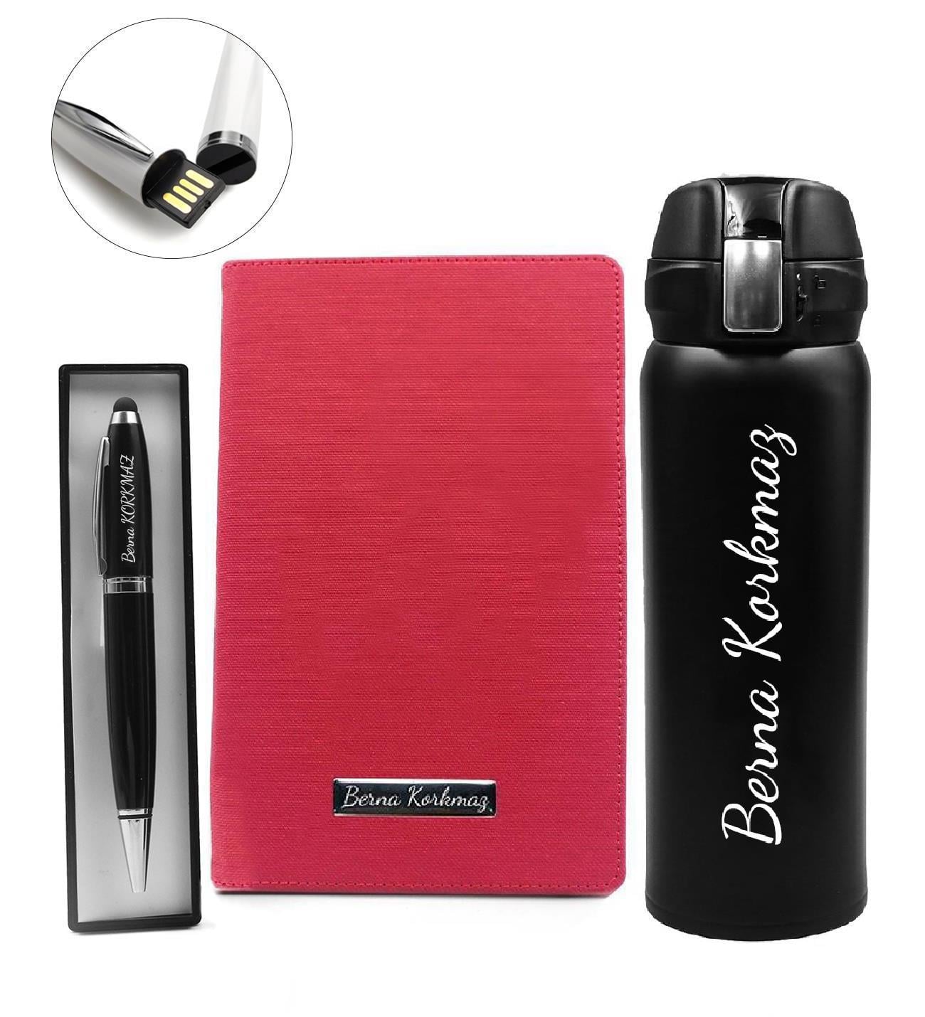 Kişiye Özel Kilitli Termos & 32 GB Siyah USB Kalem & Kırmızı Defter Hediye Seti