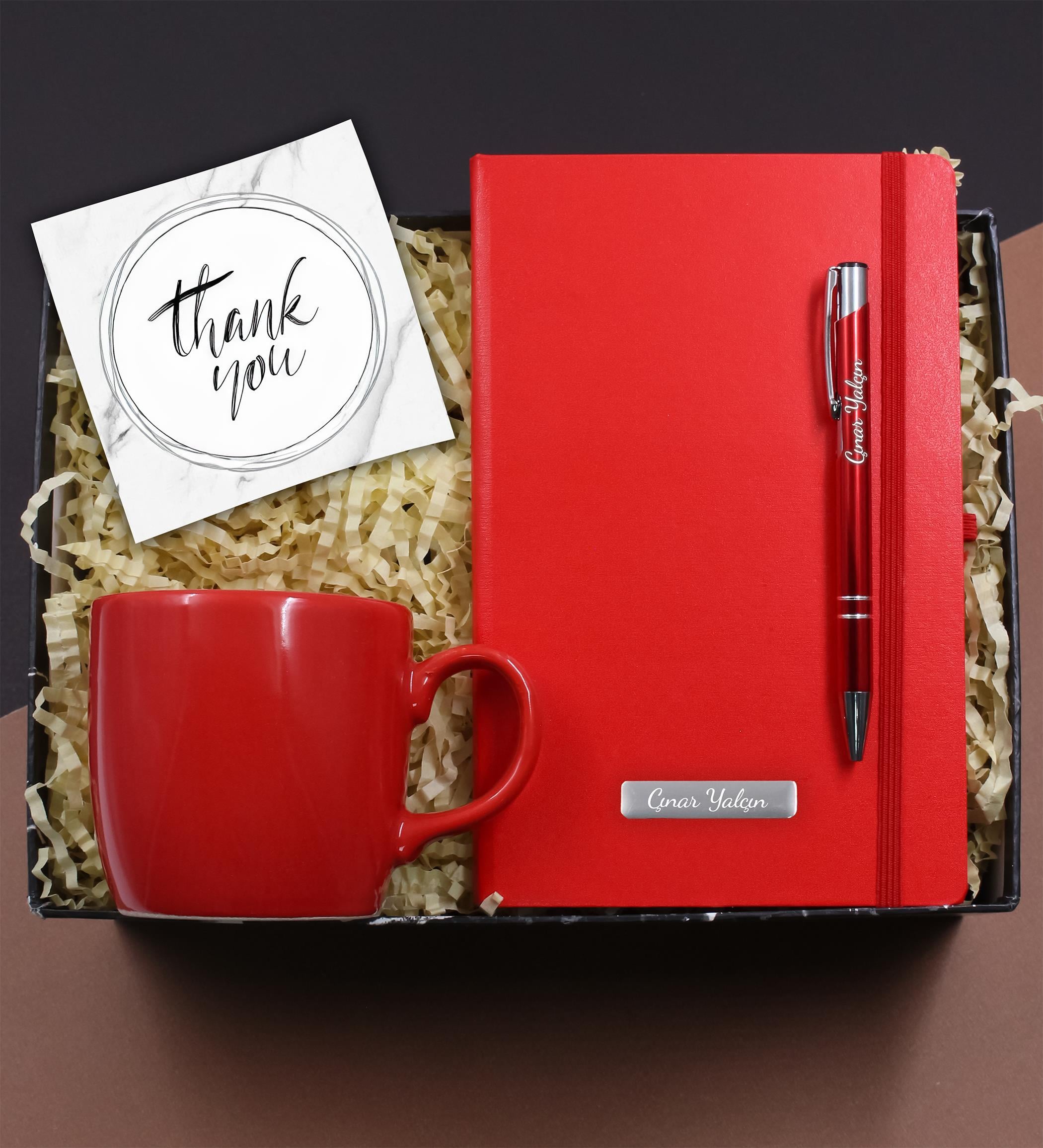 Kişiye Özel Kırmızı Defter & Kalem & Kırmızı Kupa Ofis Hediye Seti