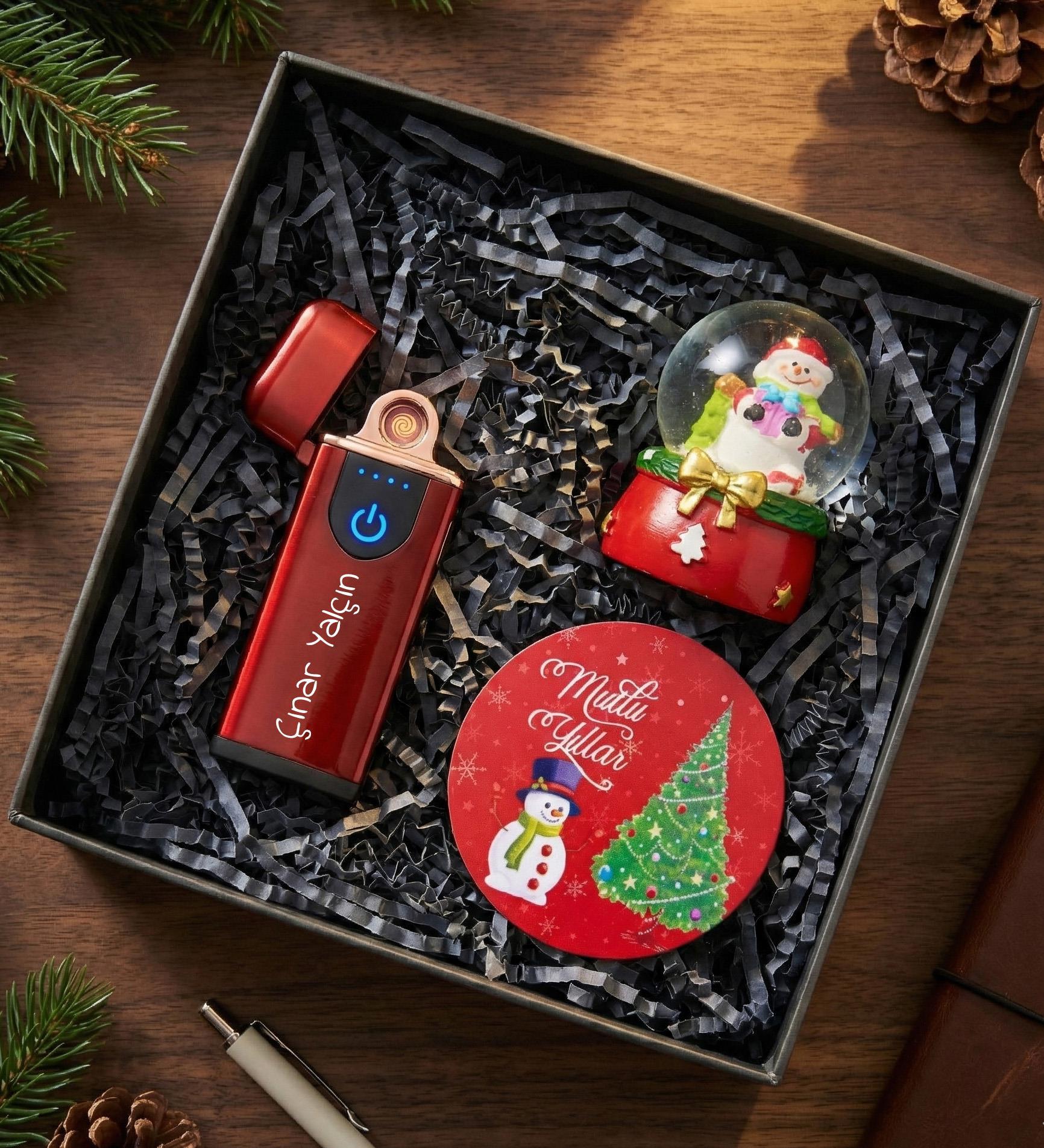 Kişiye Özel Kırmızı Dokunmatik USB Çakmak & Yılbaşı Kar Küresi & Yılbaşı Altlık Hediye Seti