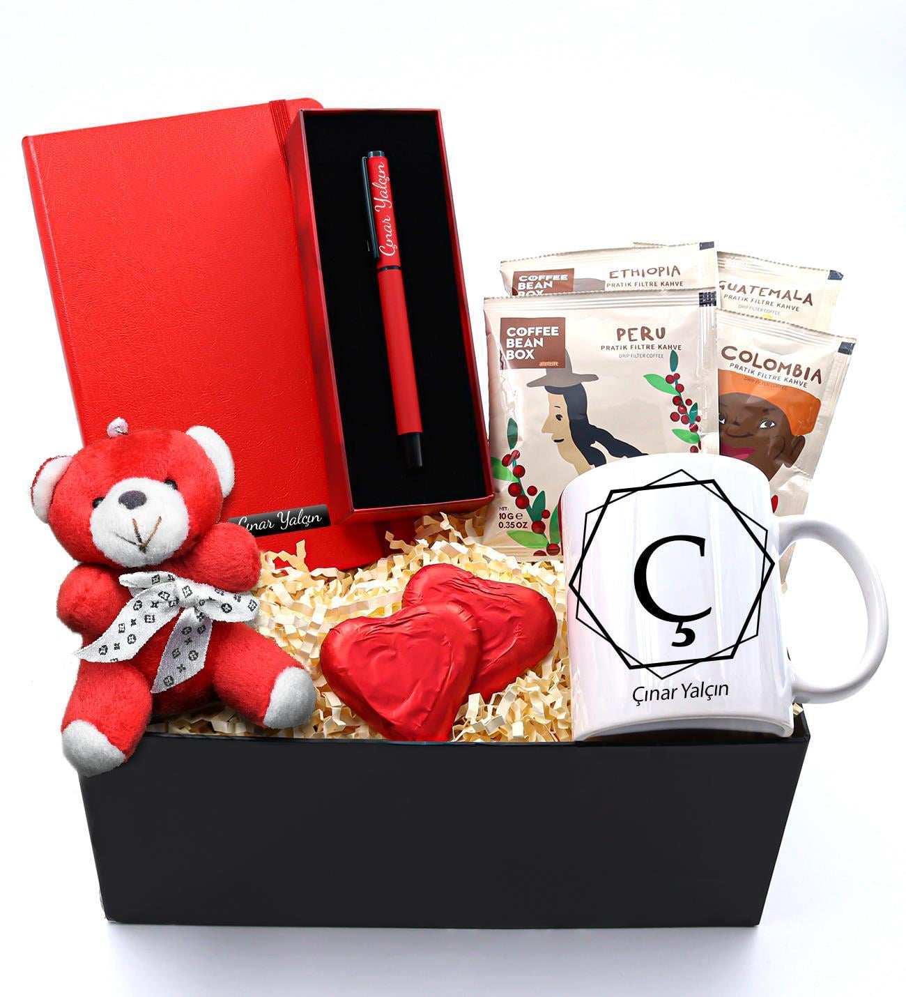 Kişiye Özel Kupa & Mini Peluş Ayıcık & Dünya Kahveleri Seti & Kırmızı Defter & Kırmızı Roller Kalem & 2'li Kalp Çikolata Hediye Seti