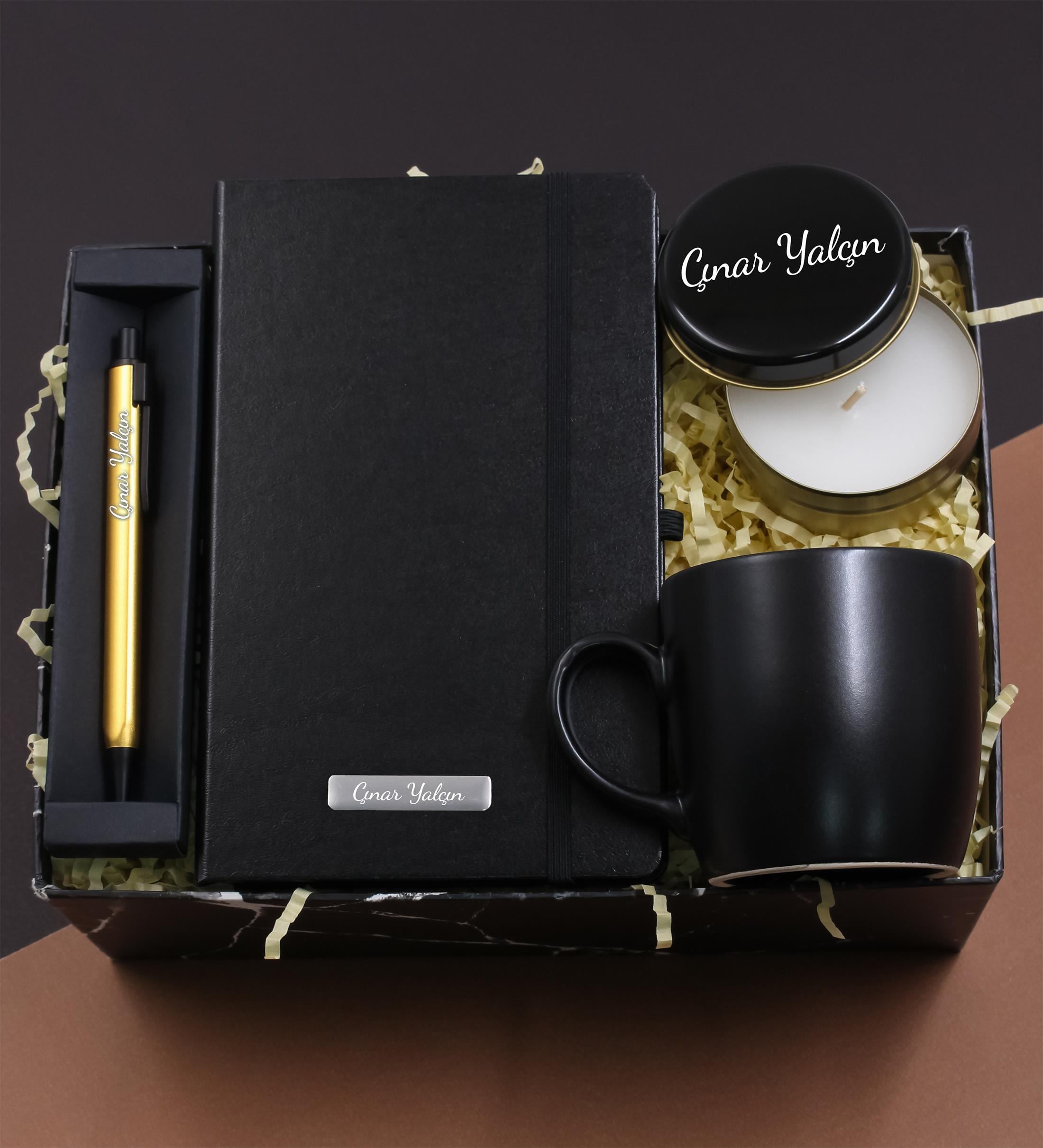 Kişiye Özel Kurumsal Ofis Hediye Seti ( Siyah Defter & Kupa & Kalem & Metal Mum) Öğretmene Hediye