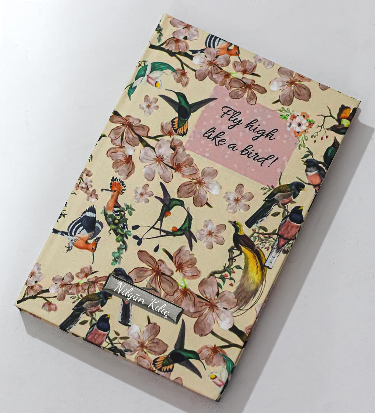 Kişiye Özel Kuş Motifli Kapaklı Çizgili Defter, Not Defteri