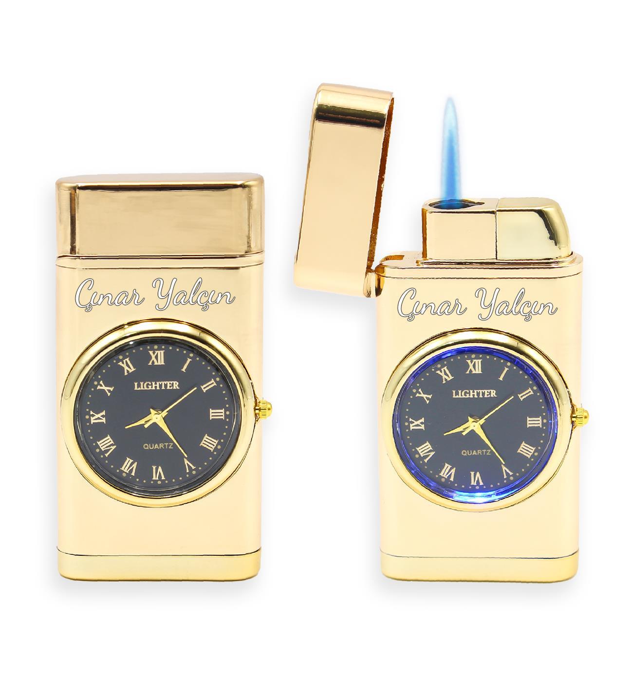Kişiye Özel Pürmüz Alevli Gold Metalik Renk Saatli Çakmak