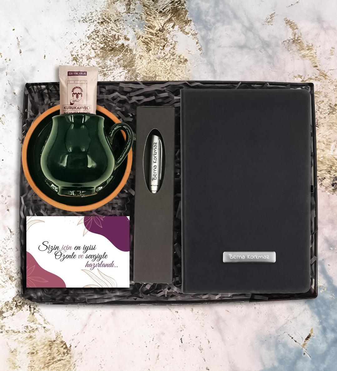 Kişiye Özel Siyah Defter & Gümüş Renk Roller Kalem & El Yapımı Yeşil Fincan & Kahve & Not Hediye Seti