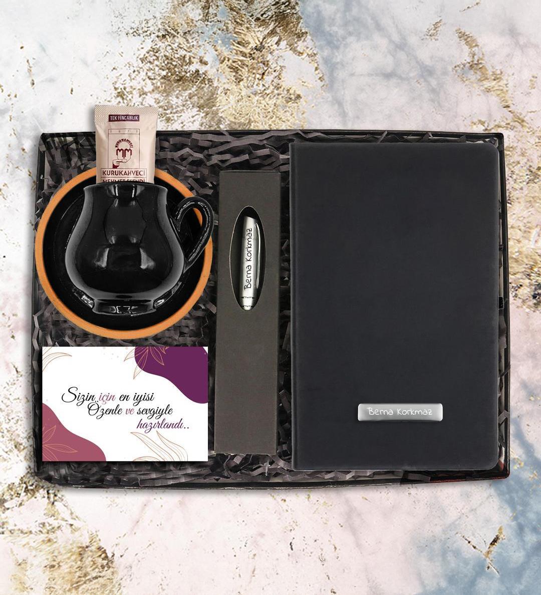 Kişiye Özel Siyah Defter & Gümüş Renk Roller Kalem & El Yapımı Siyah Fincan & Kahve & Not Hediye Seti