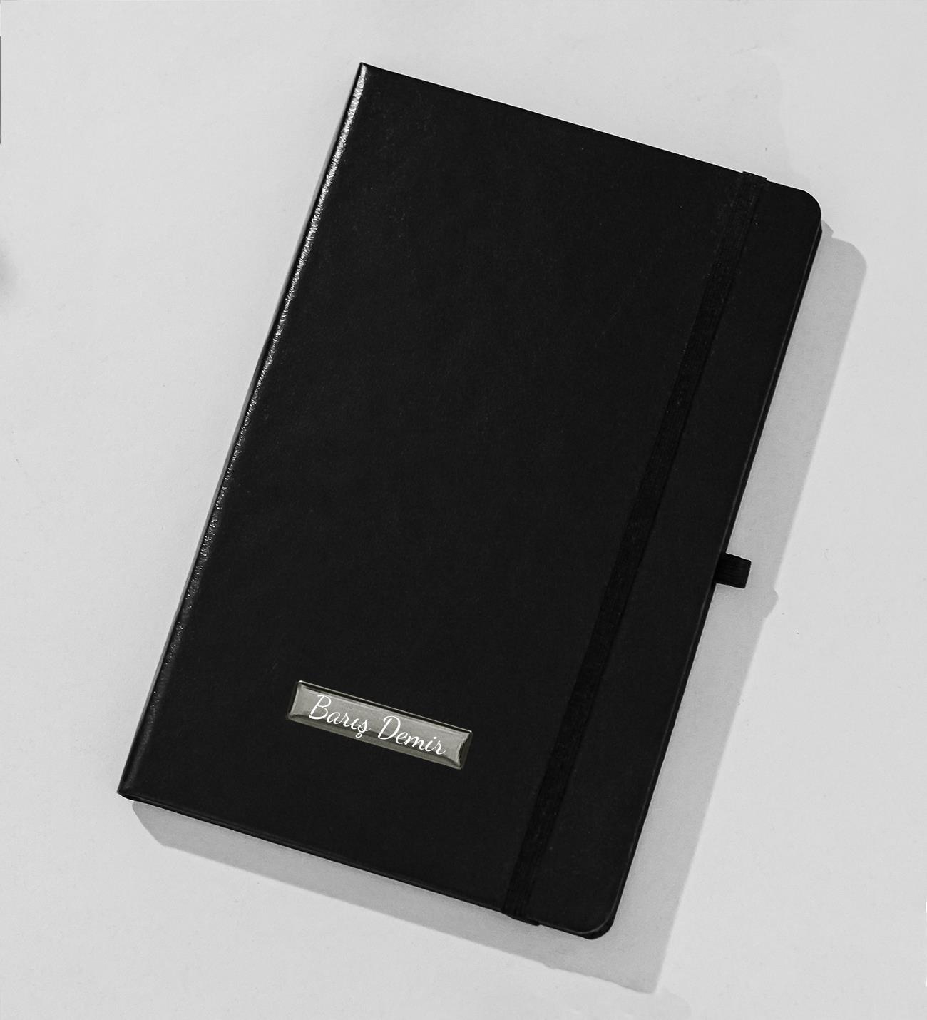 Kişiye Özel Siyah Renk Kapaklı Lastikli Çizgili Defter, Not Defteri