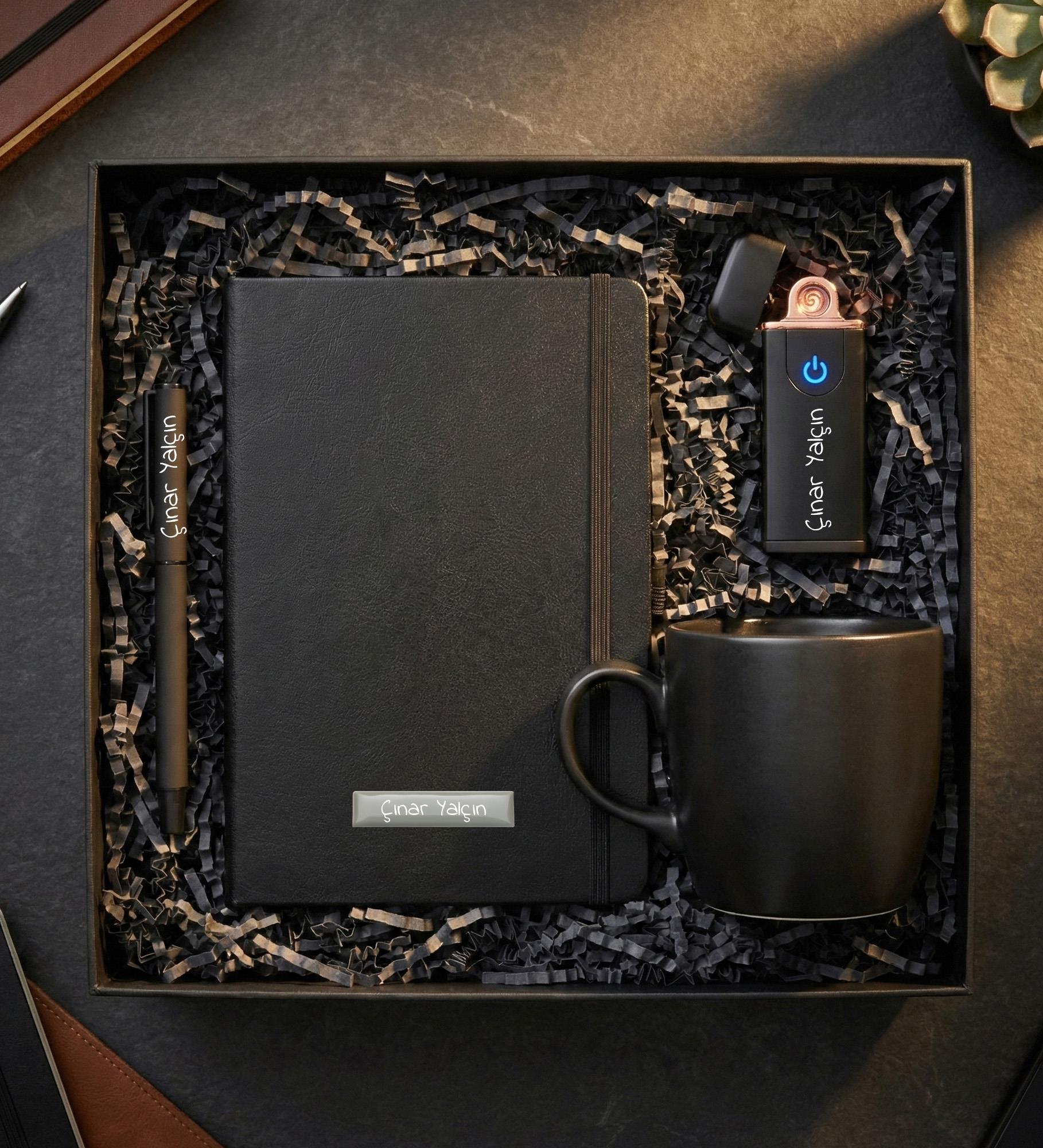 Kişiye Özel USB Çakmak & Defter & Kupa & Kalem Premium Hediye Seti - Siyah