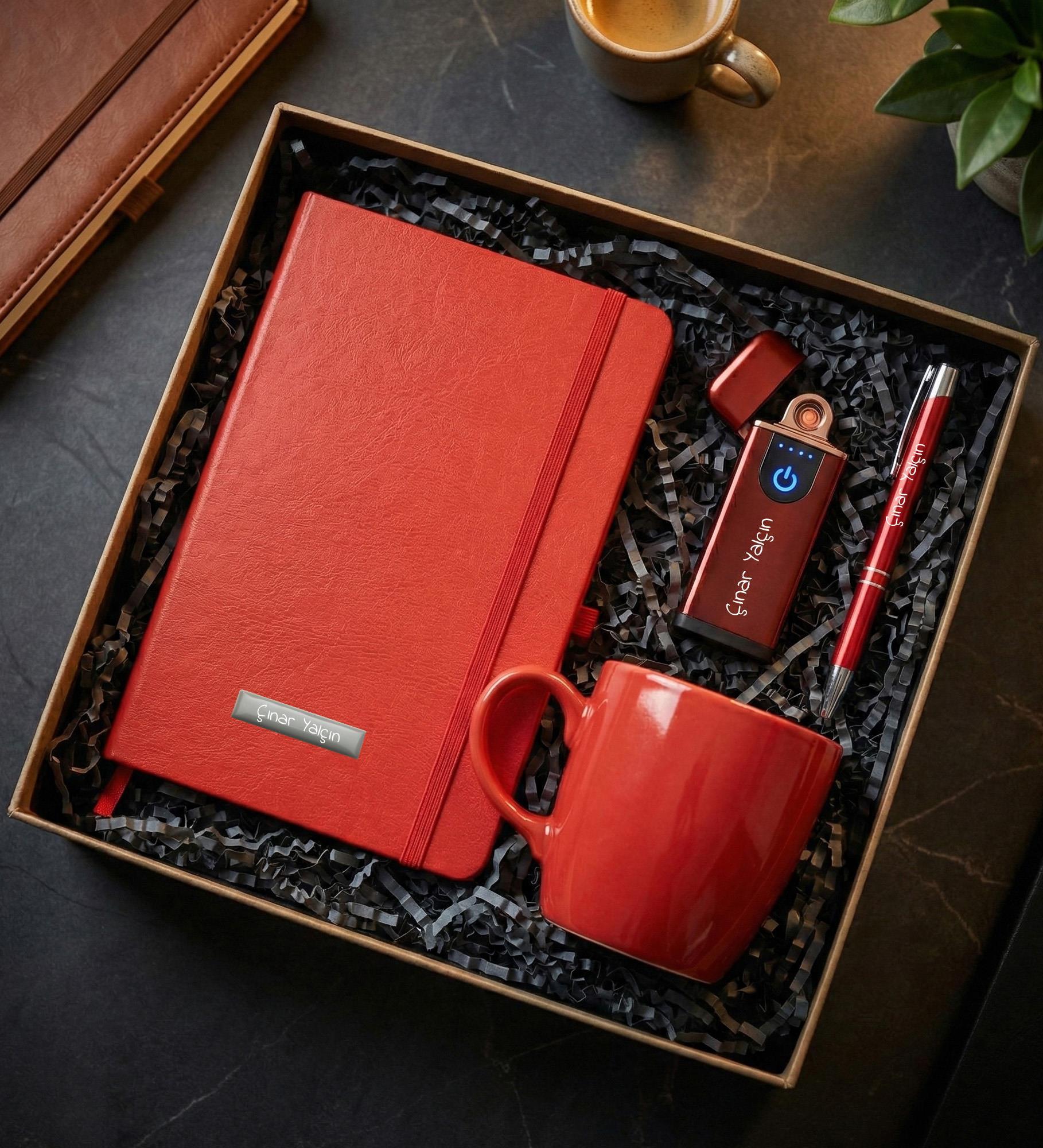 Kişiye Özel USB Çakmak & Defter & Kupa & Kalem Premium Hediye Seti - Kırmızı