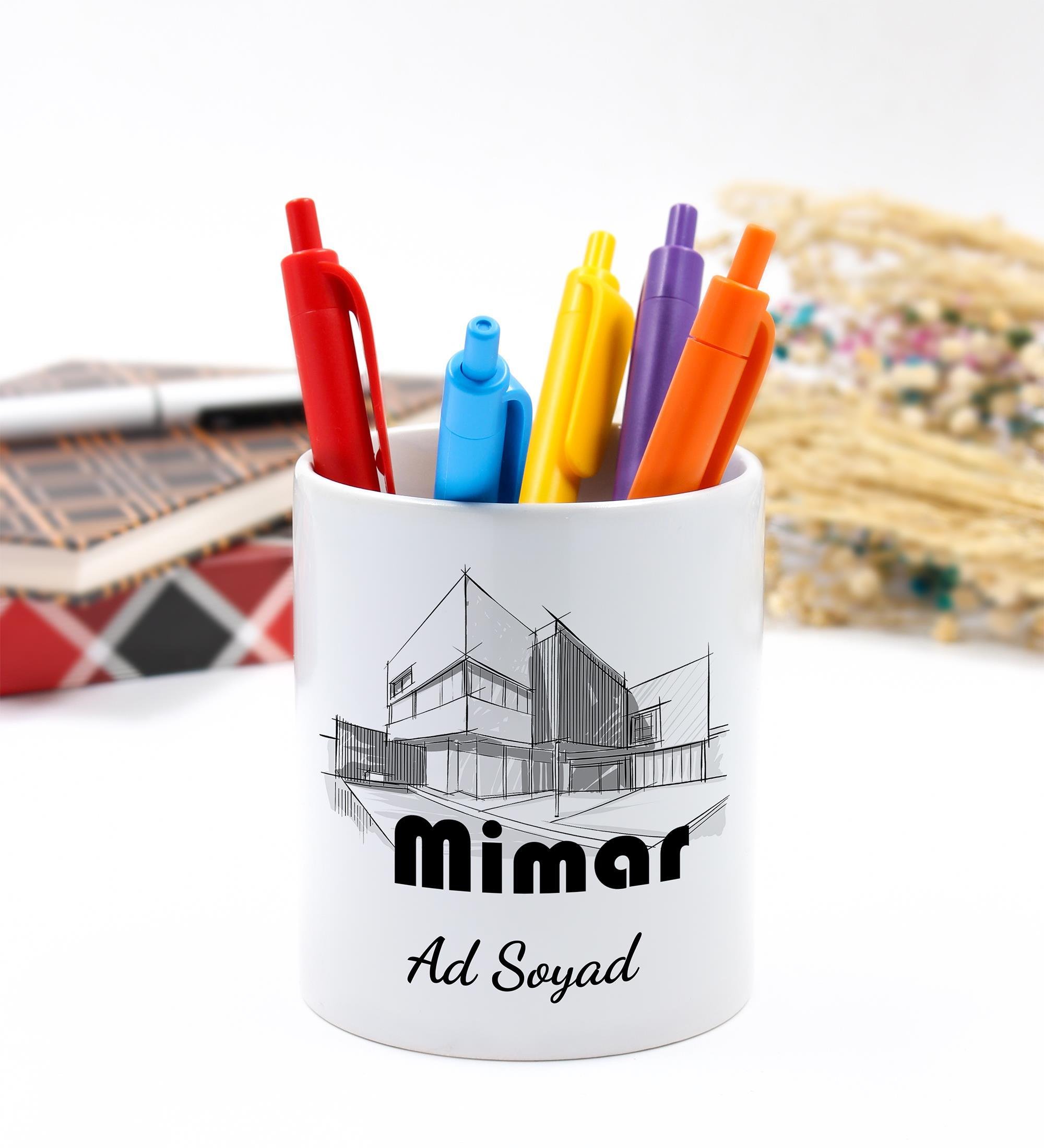 Mimarlara Özel Kişiselleştirilebilir Porselen Masaüstü Kalemlik 9,5cm Mimara Hediye