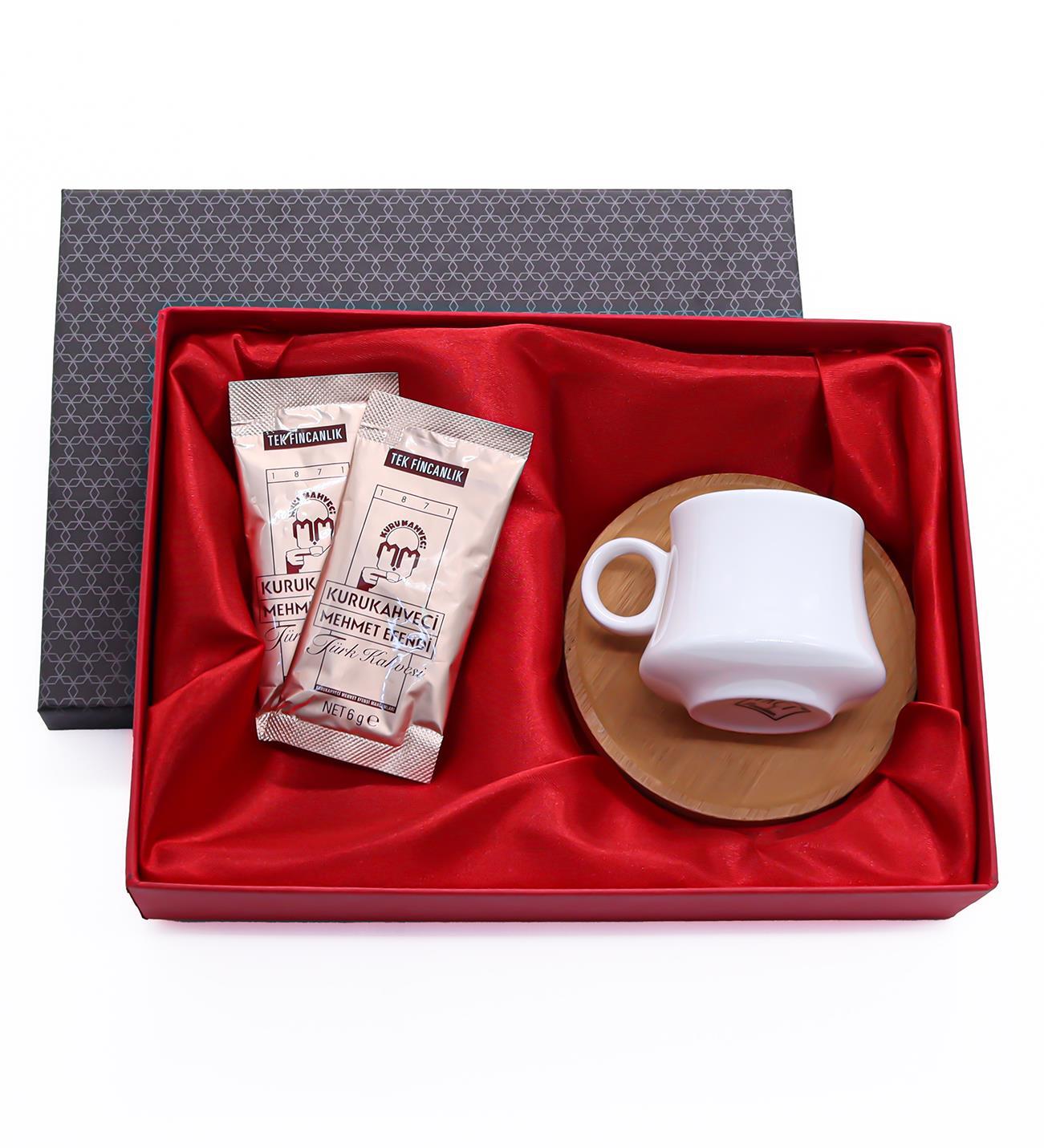 Özel Set Kutusunda Bambu Tabaklı Beyaz Fincan & Tek Kullanımlık Kahve Hediye Seti