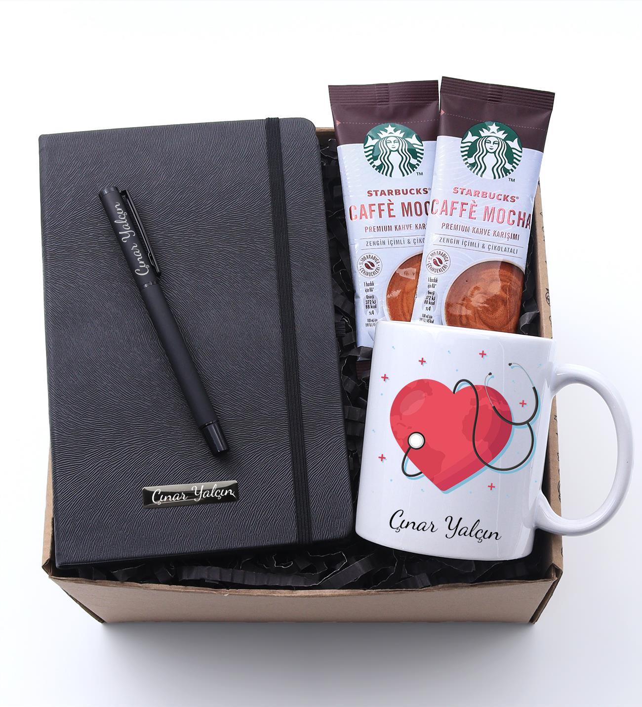 Sağlık Çalışanlarına Özel Baskılı Kupa & Kişiye Özel Siyah Defter & Siyah Roller Kalem & 2'li Caffe Mocha Hediye Seti