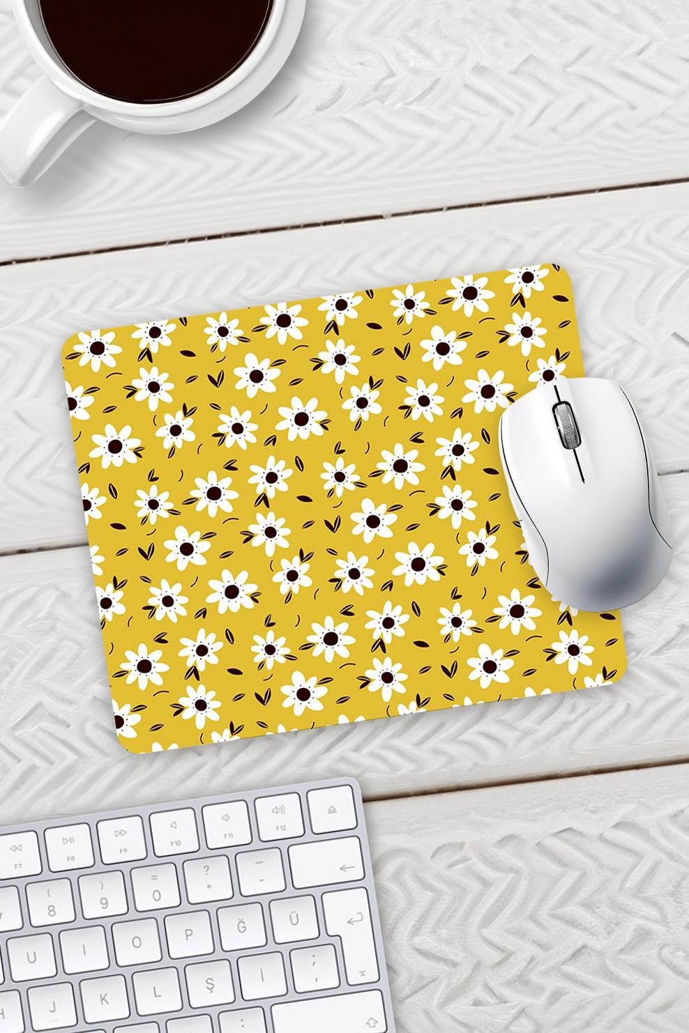 Sarı Renk Papatya Tasarım Baskılı Mouse Pad 23x19cm Fare Altlığı Kaydırmaz Taban