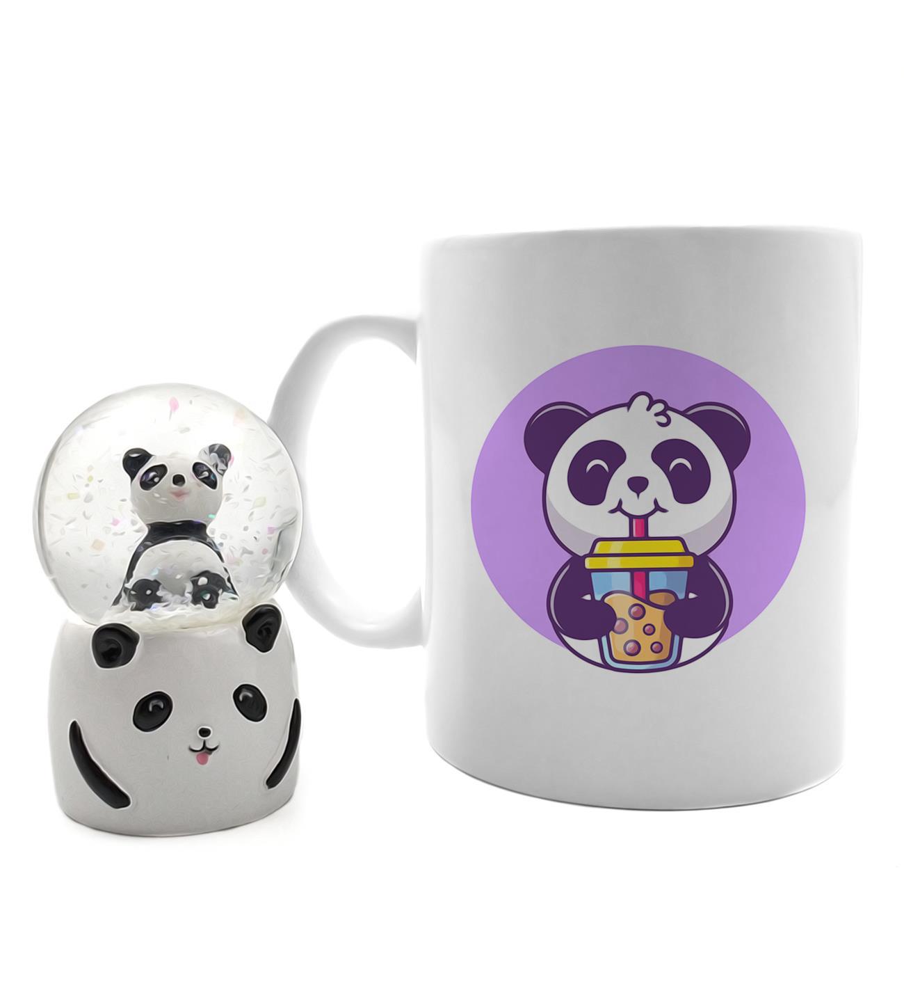Sevimli Panda Işıklı Mini Kar Küresi & Panda Tasarım Kupa Hediye Seti