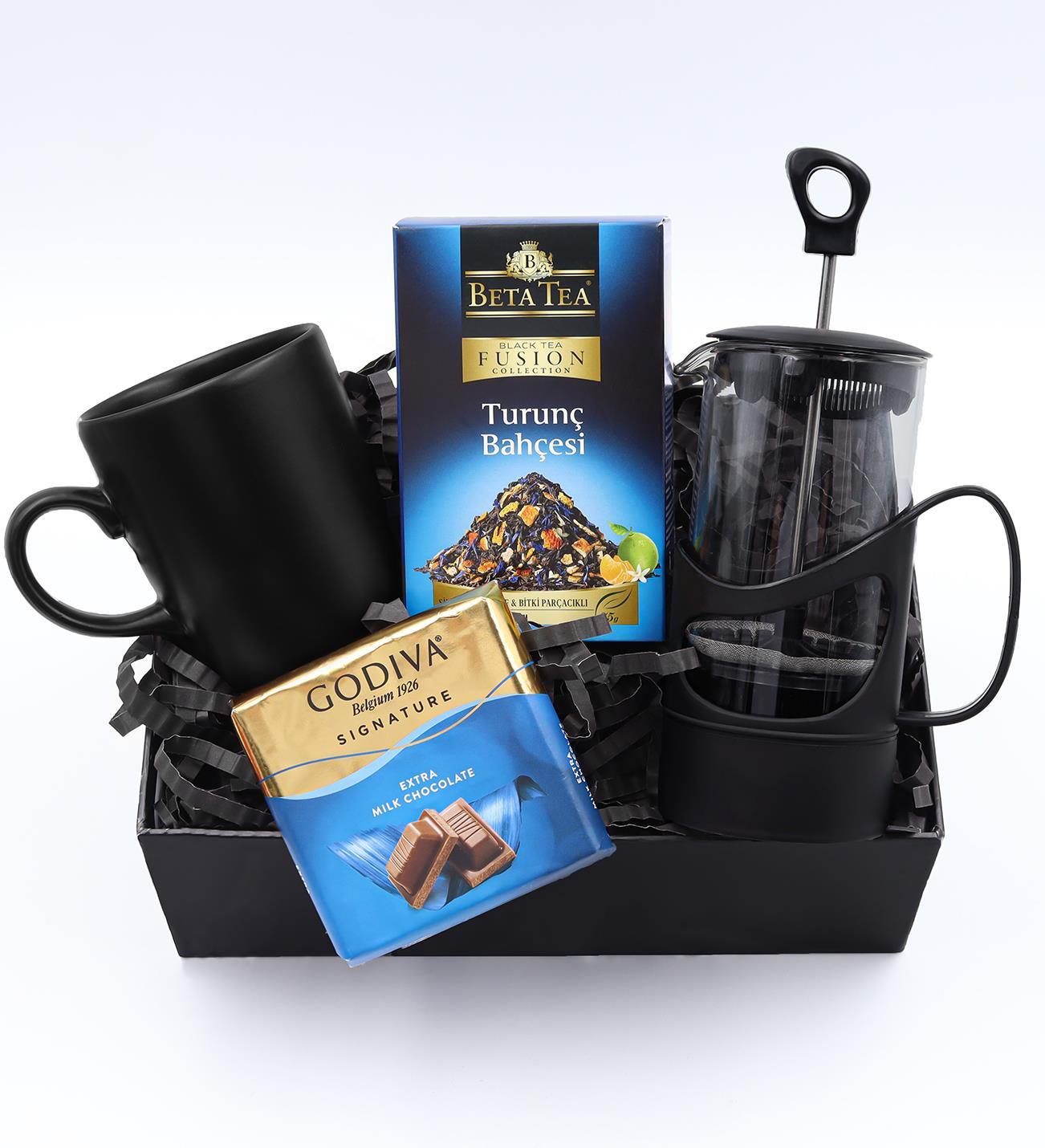 Siyah French Press & Godiva Çikolata & Siyah Mat Kupa & Turunç Bahçesi Bitki Çayı Hediye Seti