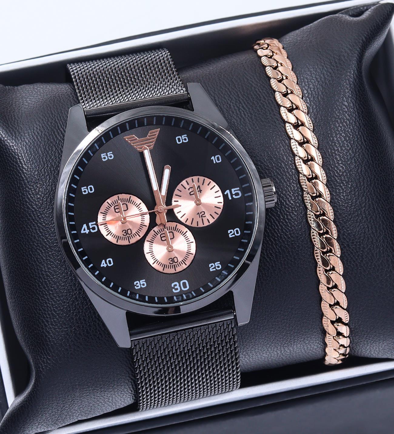 Siyah Hasır Kordon Erkek Kol Saati & Rose Çelik Bileklik Hediye Seti 