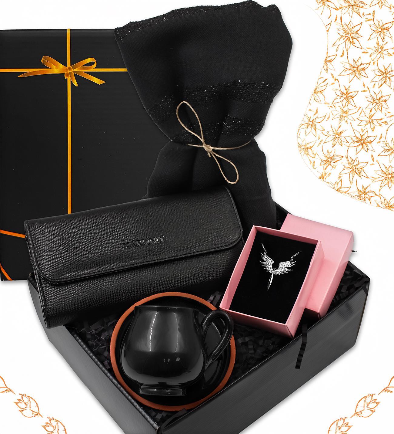 Siyah Şal & Kadın Cüzdan & Mikail Melek Kolye & Siyah Toprak Fincan Hediye Seti