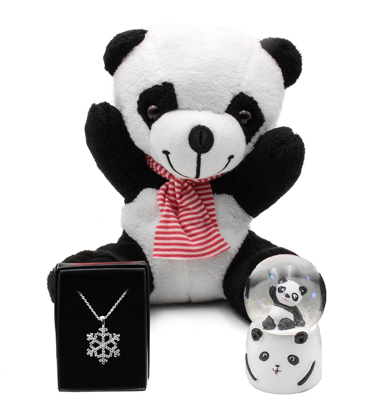 Tatlı Peluş Panda & Işıklı Mini Panda Kar Küresi & Kar Tanesi Kolye Hediye Seti